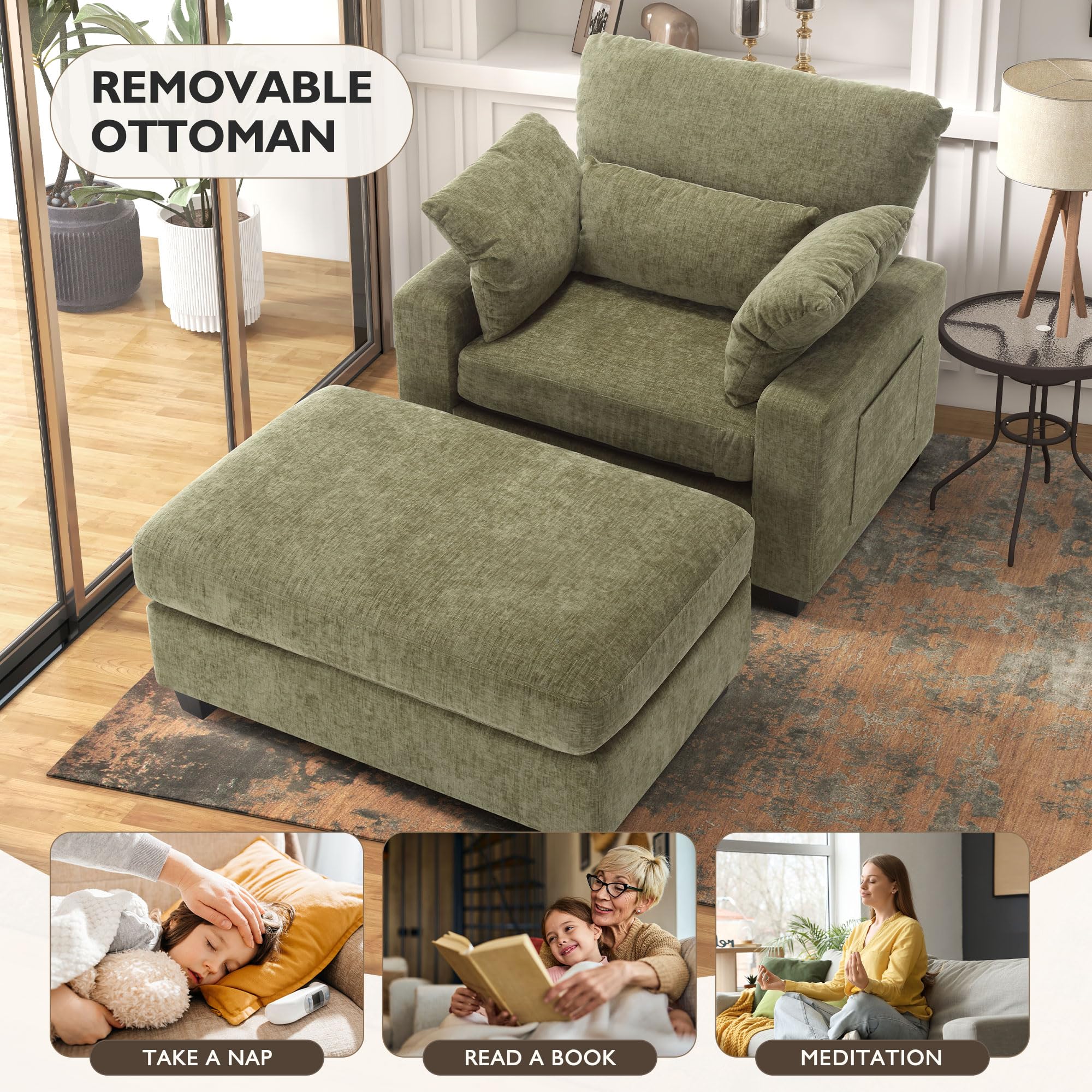 Ihanherry Oversized Chaise Lounge Chair with Ottoman - Chenille Upholstered Sleeper Sofa for Bedroom & Living Room (Green) - Perfect for Relaxing & Napping