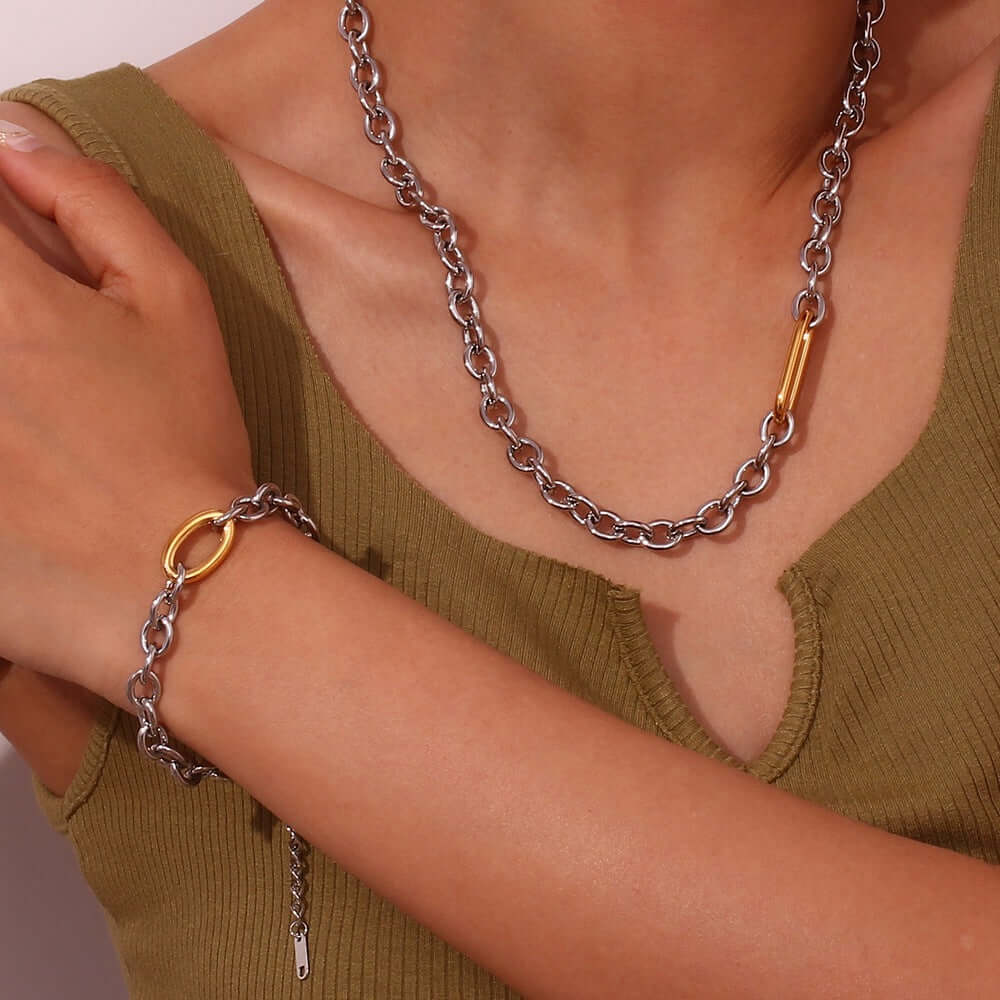 Edgy Chunky Two Tone Paperclip Chain Bracelet for Women - Gold & Silver Fashion Jewelry B0384 | Trendy Layering Bracelet for Casual & Party Outfits