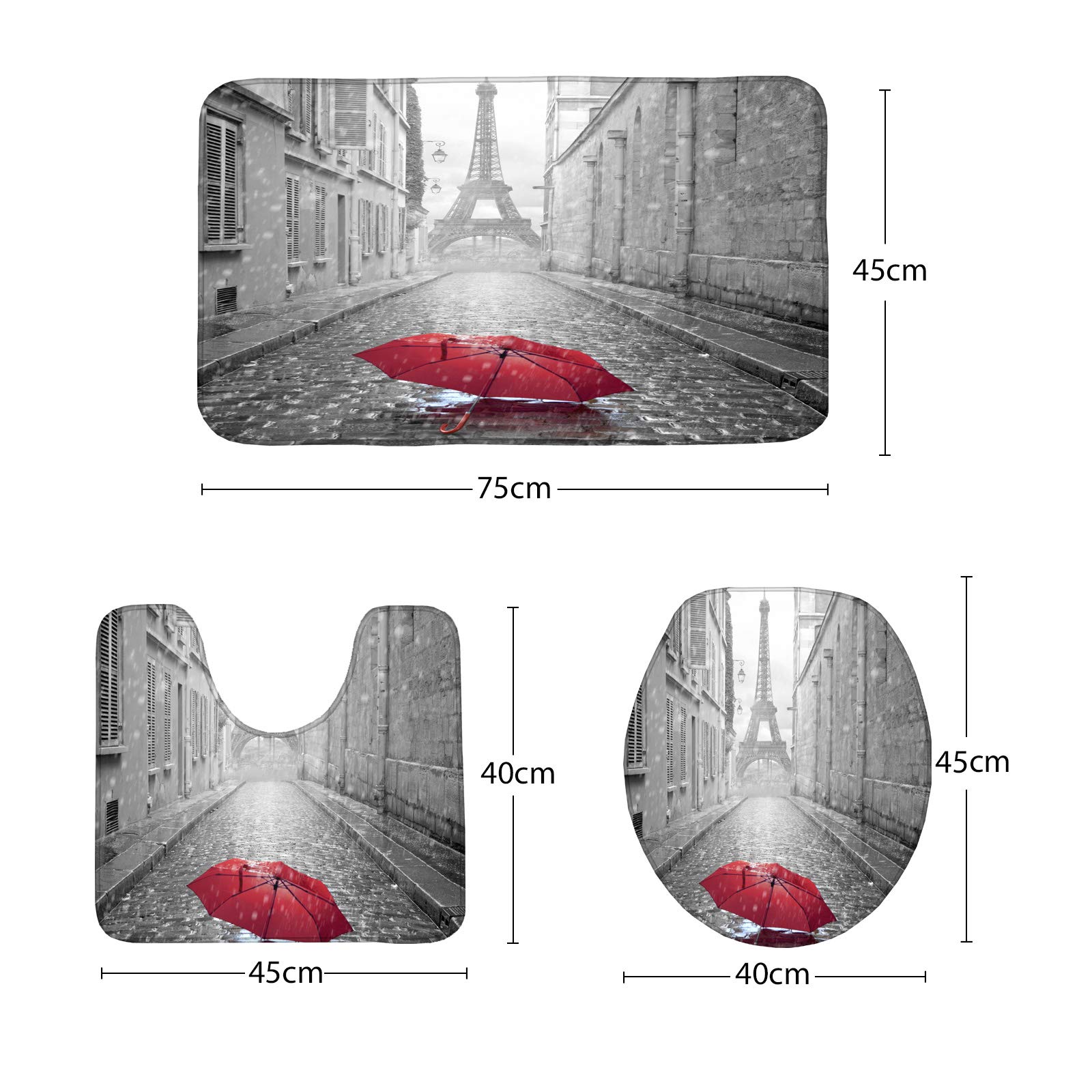 Paris Eiffel Tower Themed 3-Piece Bathroom Mat Set - Non-Slip Red Umbrella Decor Bath Mat, Contour Mat & Toilet Cover - Perfect for French-Themed Bathrooms & Parisian Home Decor