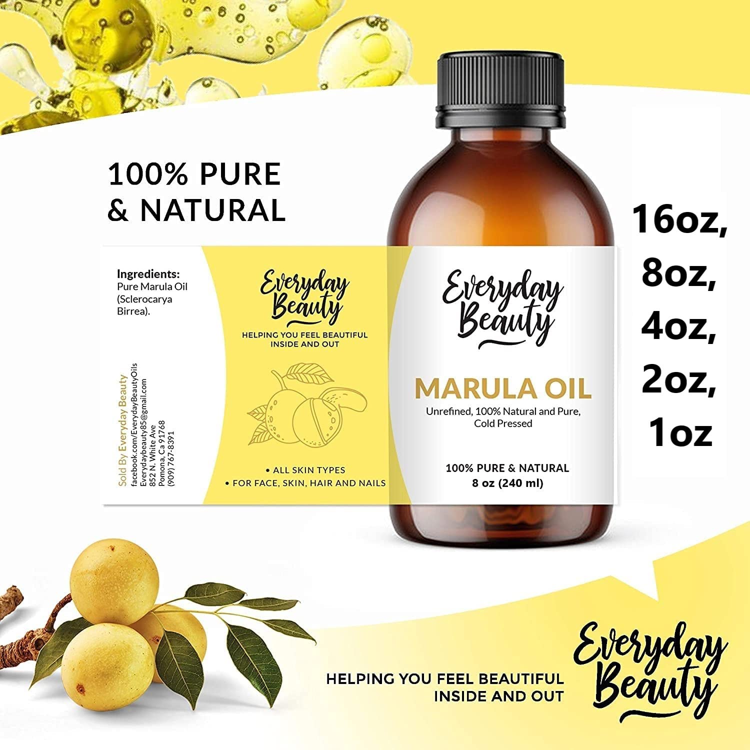 100% Pure Extra Virgin Unrefined Marula Oil - 8 Fl Oz Cold Pressed Luxury Facial Oil for Glowing Skin & Healthy Hair | All Natural DIY Cosmetics | Perfect for Daily Skincare Routine, Hair Treatment & Natural Beauty Products