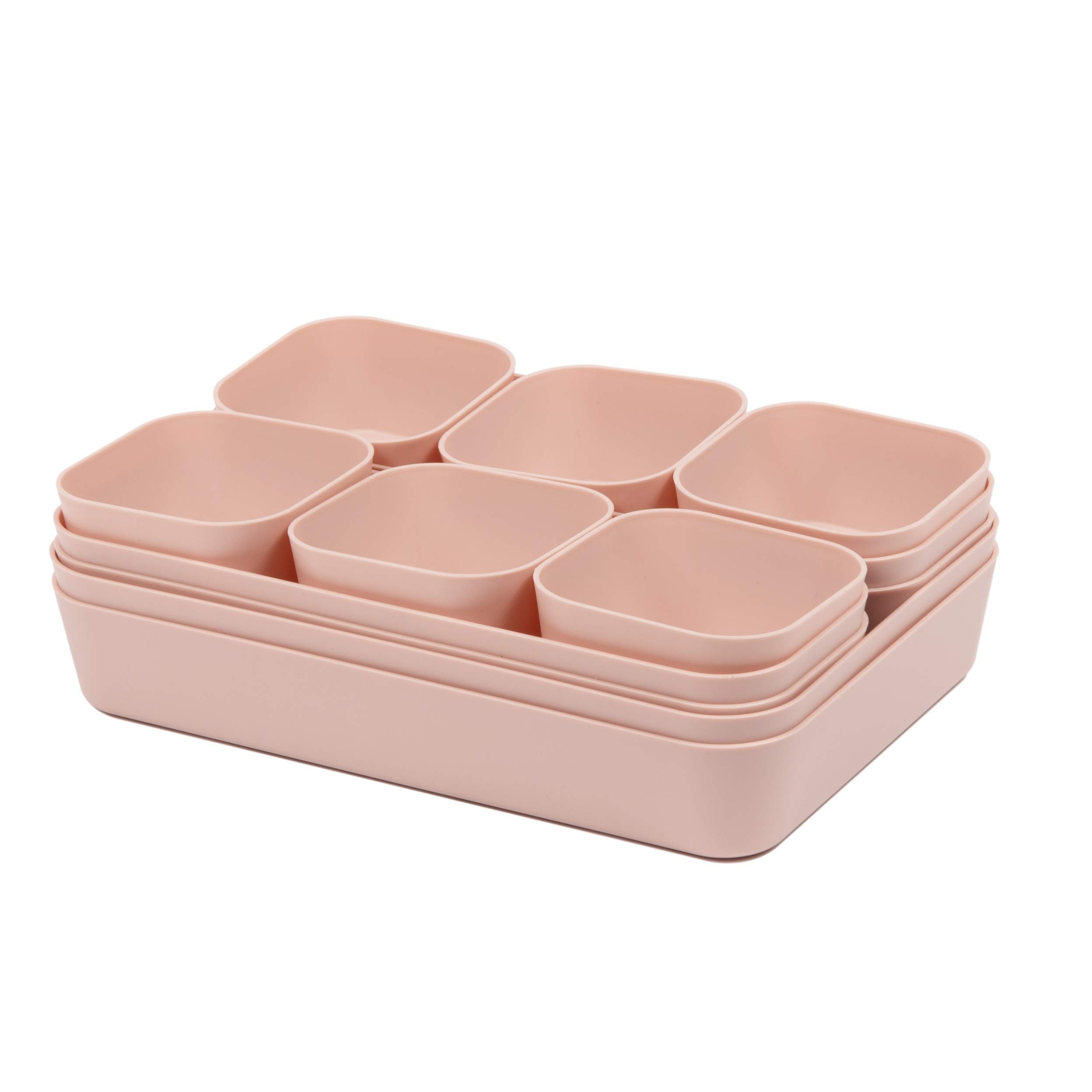 12-Pack Pink Plastic Drawer Organizers for Makeup, Bathroom, Office & Kitchen - Stackable Storage Containers for Vanity, Desk & Cabinet Organization (Home & Office Use)