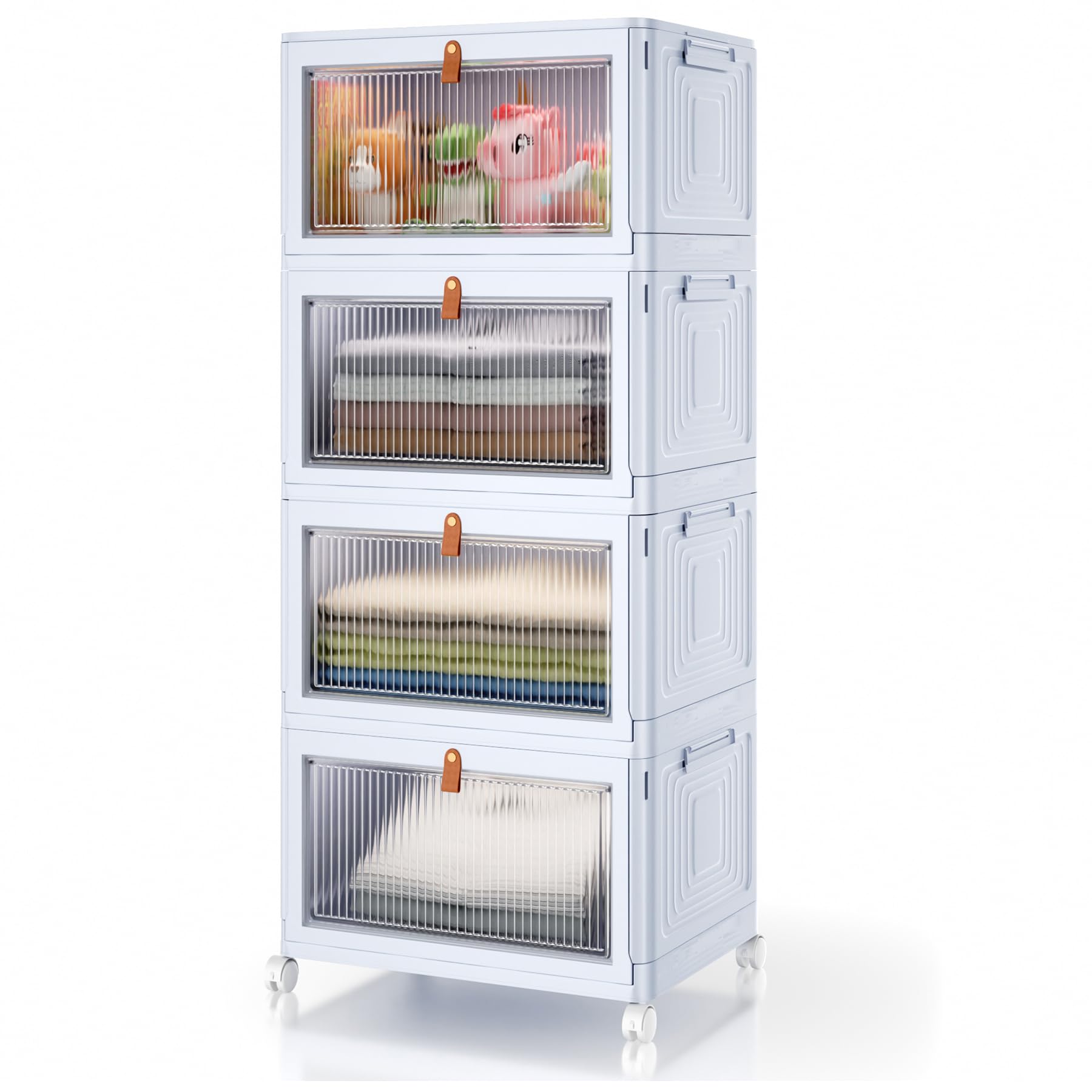 4 Tier Stackable Plastic Storage Bins with Lids & Wheels - 23 QT Foldable Organizer Containers for Closet, Pantry, Home, Dorm, Craft Supplies | Space-Saving Grey Storage Boxes for Bedroom, Office & Garage Organization