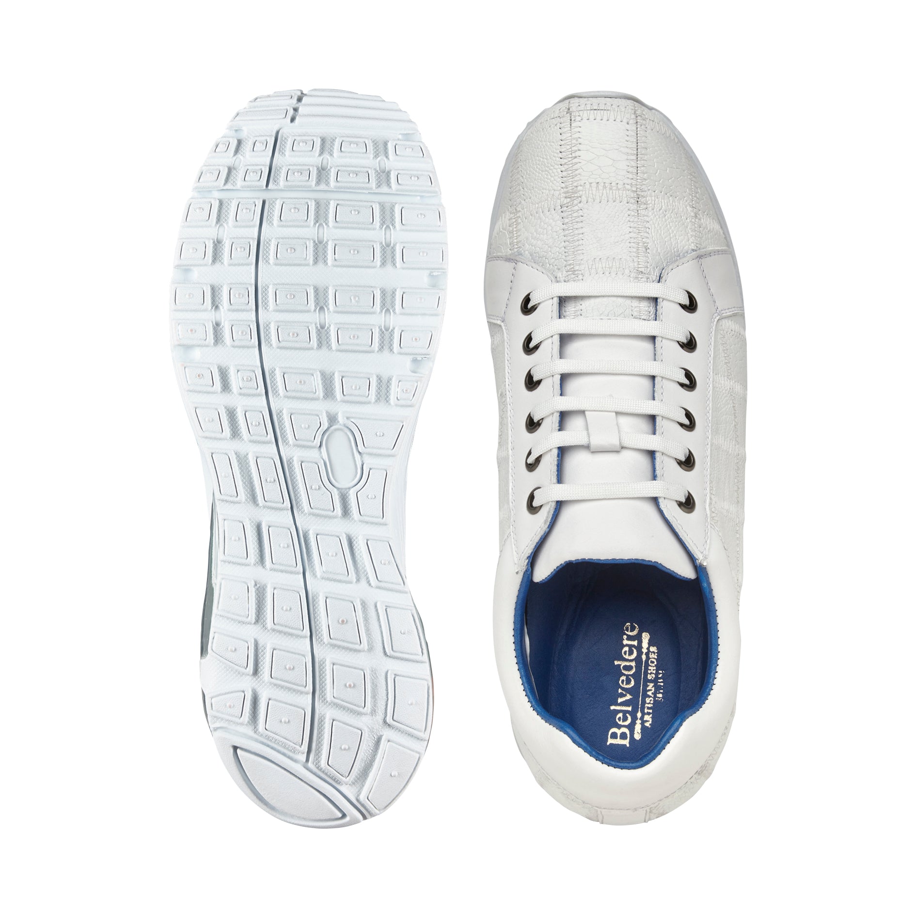 Belvedere Magnus Genuine Ostrich Leather Patchwork Sneakers - White E21 | Stylish Comfort for Casual Wear & Everyday Fashion