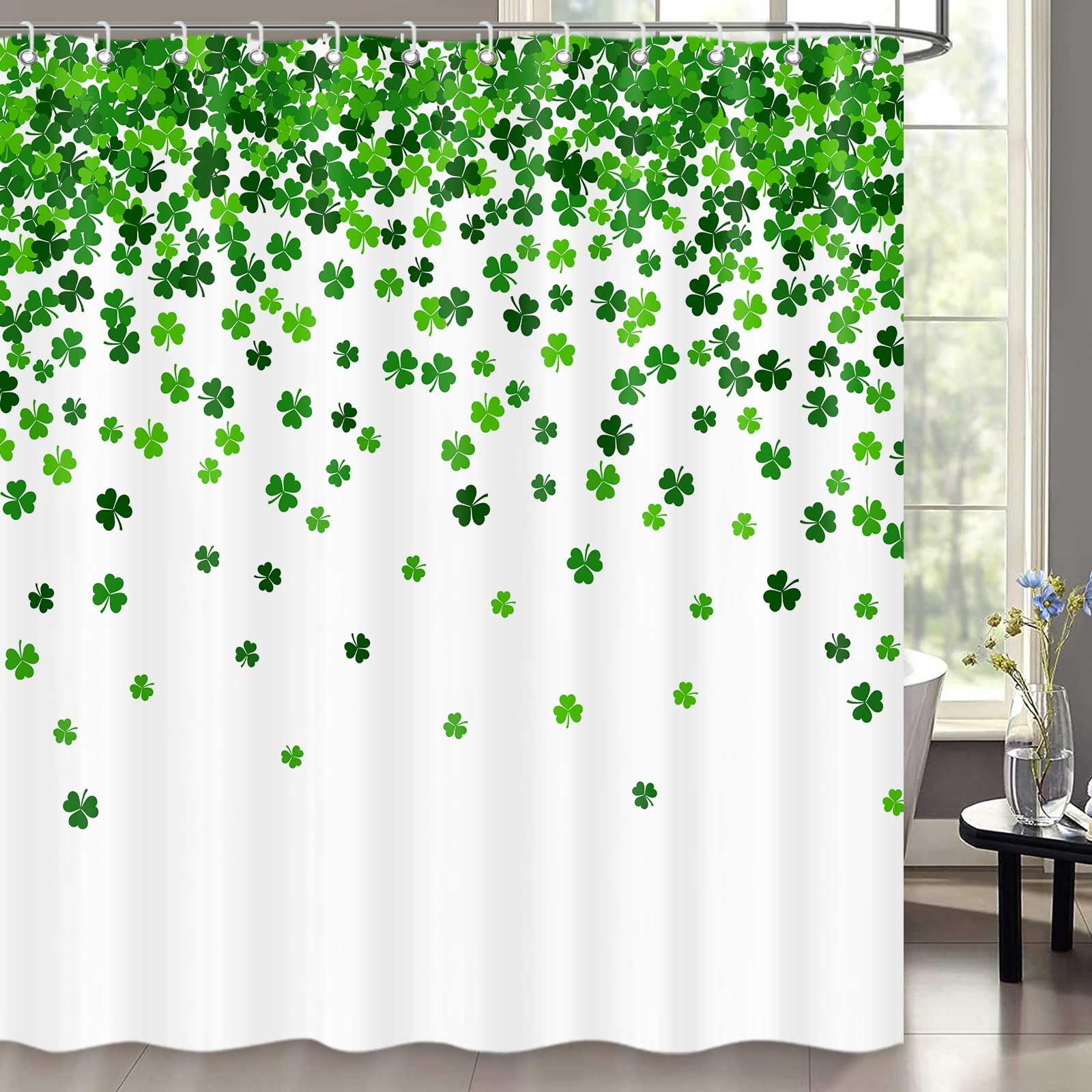 St. Patrick's Day Shower Curtain - Green Clover Shamrock Leaf Design Fabric Bath Curtain with Hooks 72x72 Inches - Irish Themed Bathroom Decor for St. Paddy's Day Party & Home Celebration