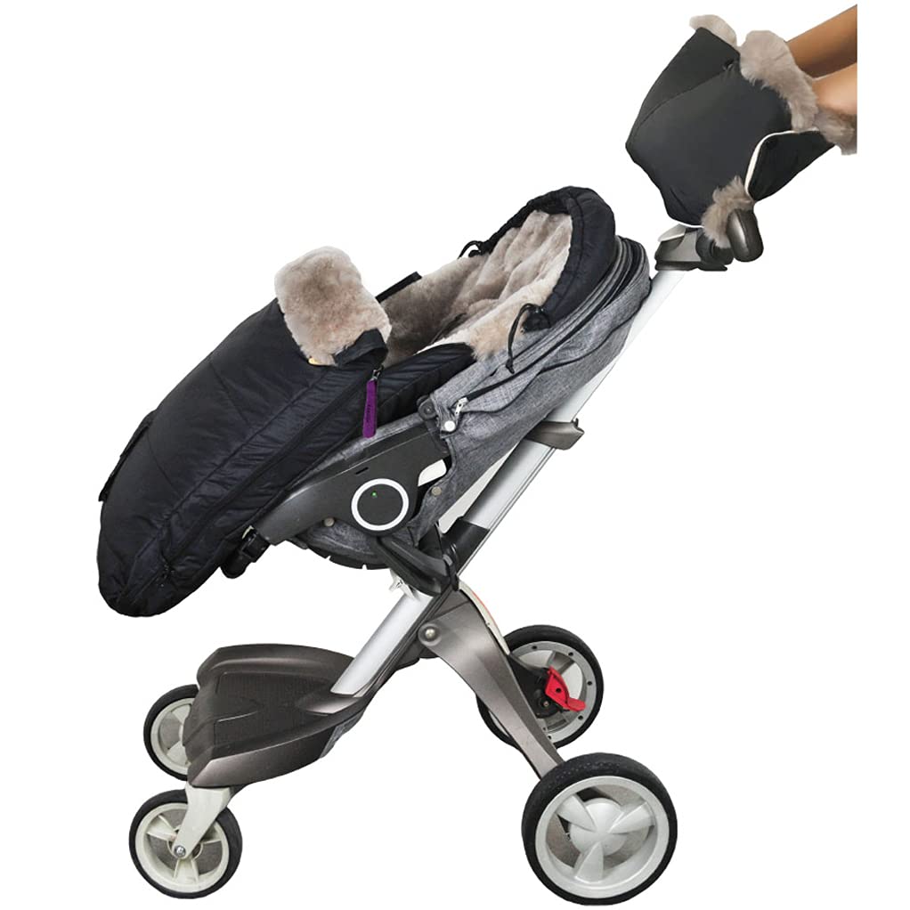 Premium 3-in-1 Stroller Blanket with Sheepskin Footmuff & Lambskin Handmuff - 100% Australian Wool, Ultra Warm & Anti-Freeze - Perfect for Baby Strollers, Car Seats & Winter Outings