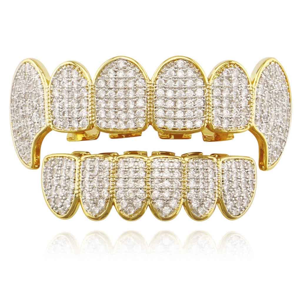 Diamond Vampire Fangs Grillz - 24K Gold Plated Shiny Hip Hop Teeth Jewelry | Iced Out Top & Bottom Grills for Men & Women | Perfect for Halloween, Costume Parties & Rap Performances
