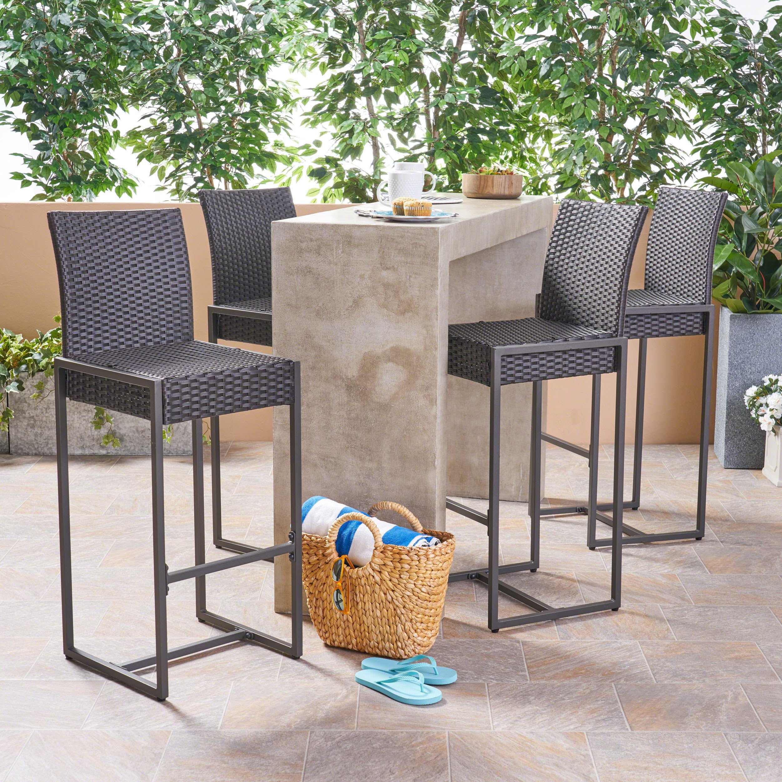 Christopher Knight Home Kelly Outdoor Wicker Bar Stools - Set of 4, 30 Inch Height, Dark Brown - Perfect for Patio, Deck, Poolside & Garden Seating