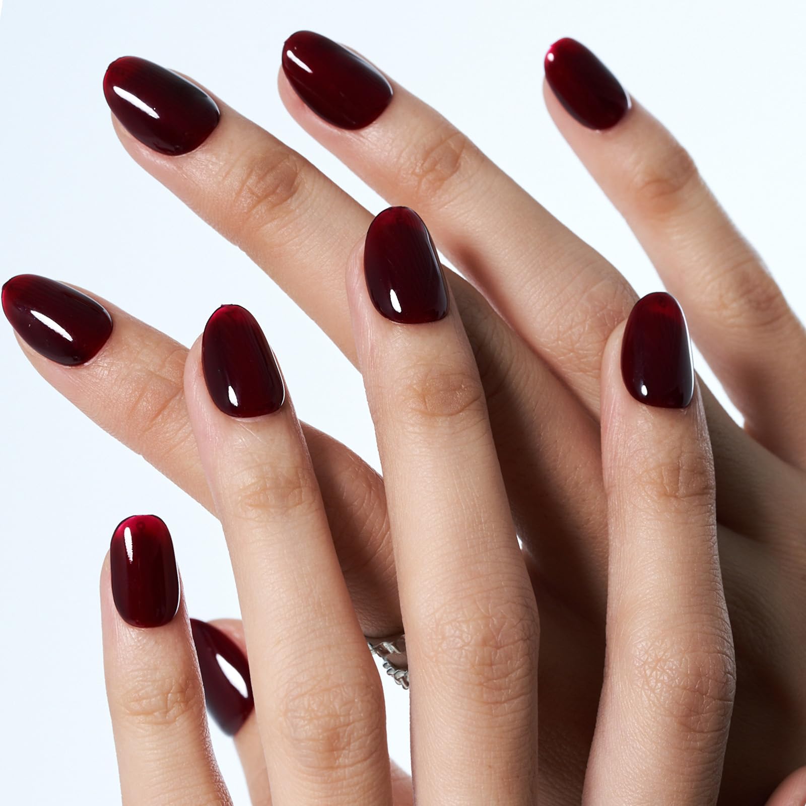 GLAMERMAID Short Oval Press on Nails - 24Pcs Burgundy Jelly Gel Fake Nails with Glossy UV Finish | Reusable Acrylic False Nails for Women | Perfect for Spring Summer Gothic Manicure & Special Occasions
