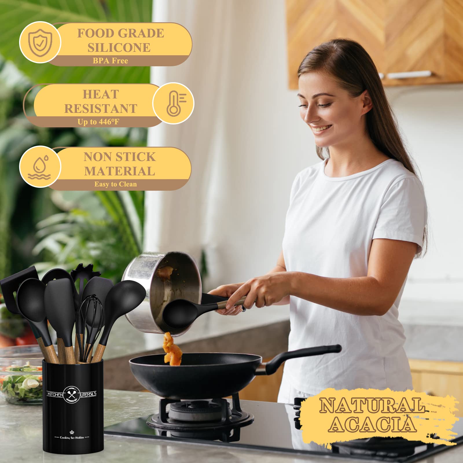 Premium 9-Piece Silicone Kitchen Utensil Set with Wooden Handle - Heat Resistant up to 446°F - Nonstick Cookware Safe Spatula Set with Storage Holder (Black) - Perfect for Baking, Cooking, and Serving