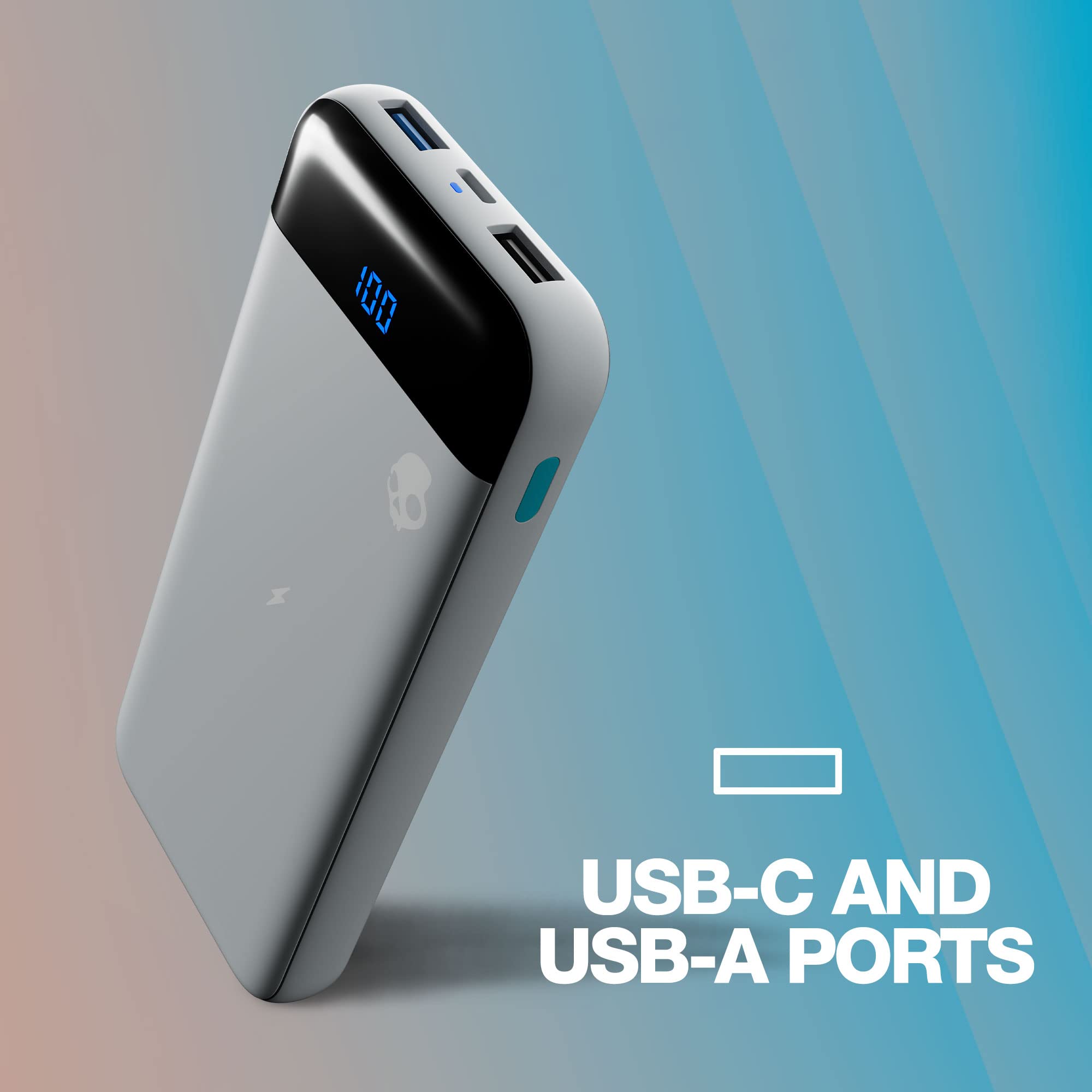 Skullcandy Stash Fuel 10000mAh Wireless Power Bank - 10W Fast Wireless Charging, USB-C & Dual USB-A Ports, Includes Micro USB/Type-C Cable (Grey/Blue) - Perfect for Travel, Camping & On-the-Go Charging