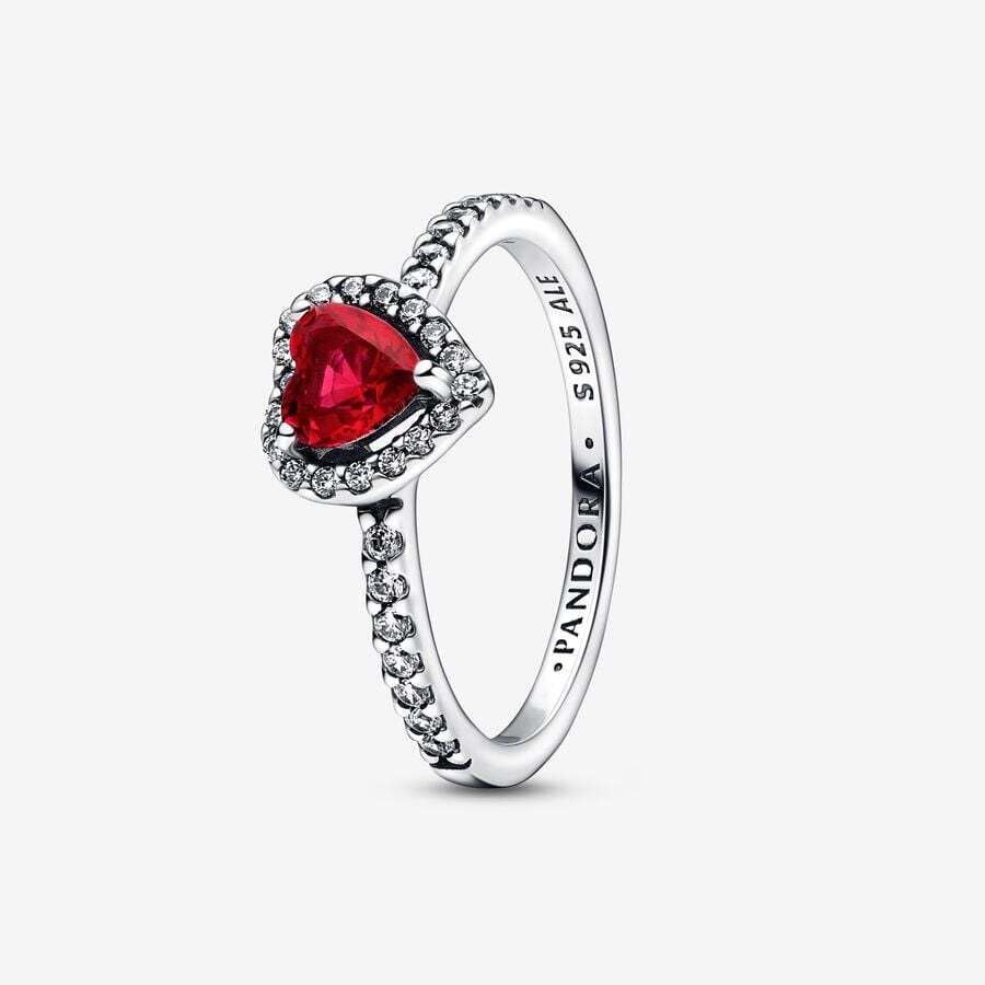 PANDORA Sterling Silver Elevated Red Heart Ring for Women - Stackable Layering Ring with Red Crystal - Valentine's Day Gift for Her with Gift Box - Perfect for Date Nights & Anniversary Celebrations