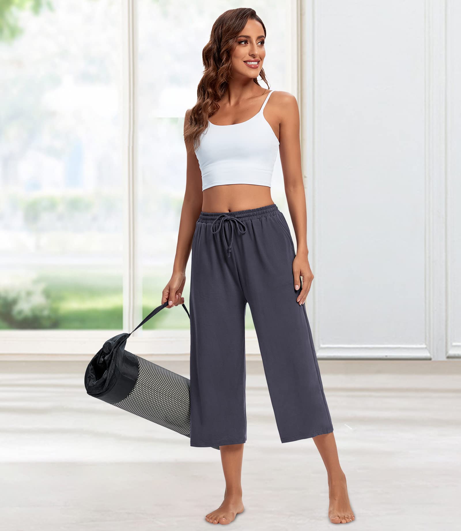 ASIMOON Women's Capri Yoga Pants - Wide Leg Lounge Pants with Drawstring & Pockets - Comfortable Loose Fit Workout Sweatpants for Yoga, Running, Gym and Casual Wear