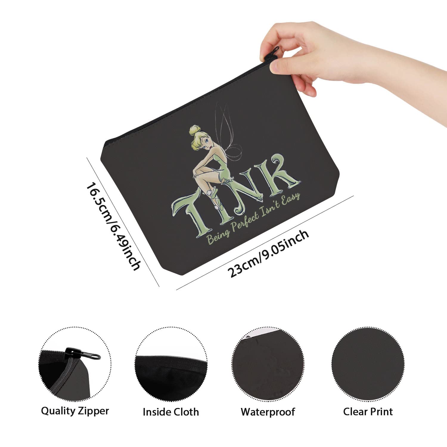 TSOTMO Fairytale Tinker Bell Makeup Bag - 'Being Perfect Isn't Easy' Quote Cosmetic Pouch for Disney Movie Fans - Perfect for Travel, School & Gift Giving