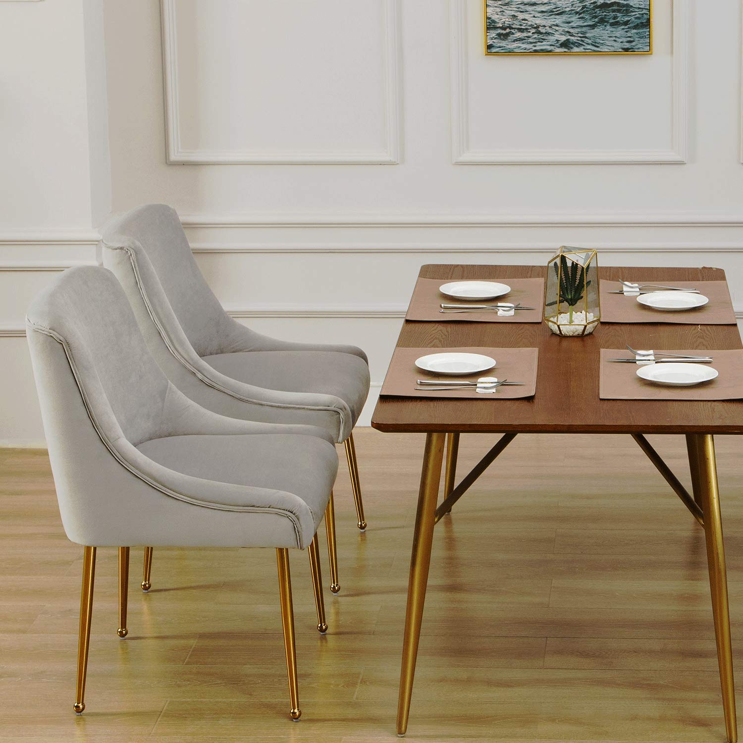 Guyou Grey Velvet Dining Chairs Set of 2 - Modern Upholstered Accent Chairs with Gold Metal Legs for Kitchen, Dining Room, Living Room & Bedroom - Perfect for Small Spaces, Apartments and Home Decor (Grey)