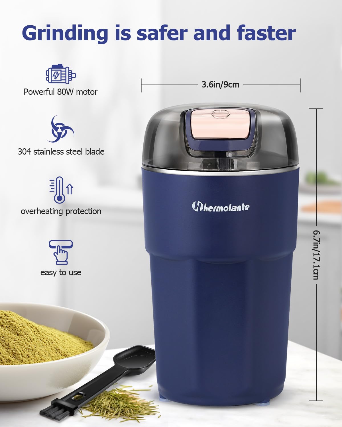 Premium Electric Herb Grinder - 304 Stainless Steel Blades & Cleaning Brush Included - Perfect for Grinding Herbs, Spices, Coffee, Nuts & Seeds - Ideal for Kitchen, Camping & Travel Use