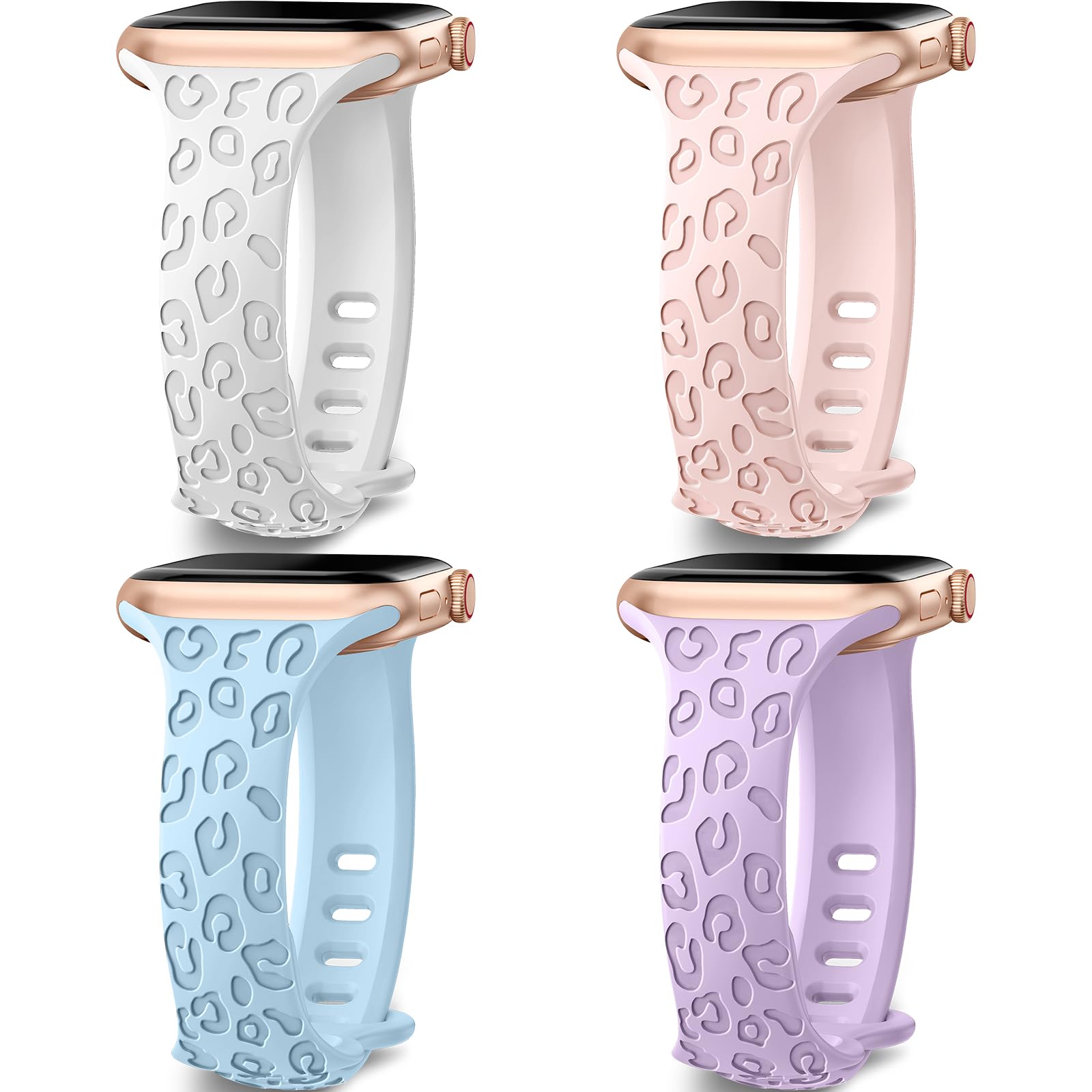 4-Pack Leopard Print Apple Watch Bands Compatible with 38mm 40mm 41mm 44mm 45mm 42mm - Slim Sport Wristbands for iWatch Ultra/Ultra 2 Series 9/8/7/6/5/4/3/2/1/SE - Perfect for Workouts, Office & Everyday Fashion