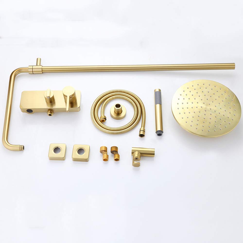 10 Inch Brushed Gold Rain Mixer Shower Combo Set - Wall Mounted Exposed Bathroom Shower Faucet with Brass Rainfall Shower Head, Handheld Shower & Tub Spout - Perfect for Modern Bathroom Renovation & Spa-Like Shower Experience