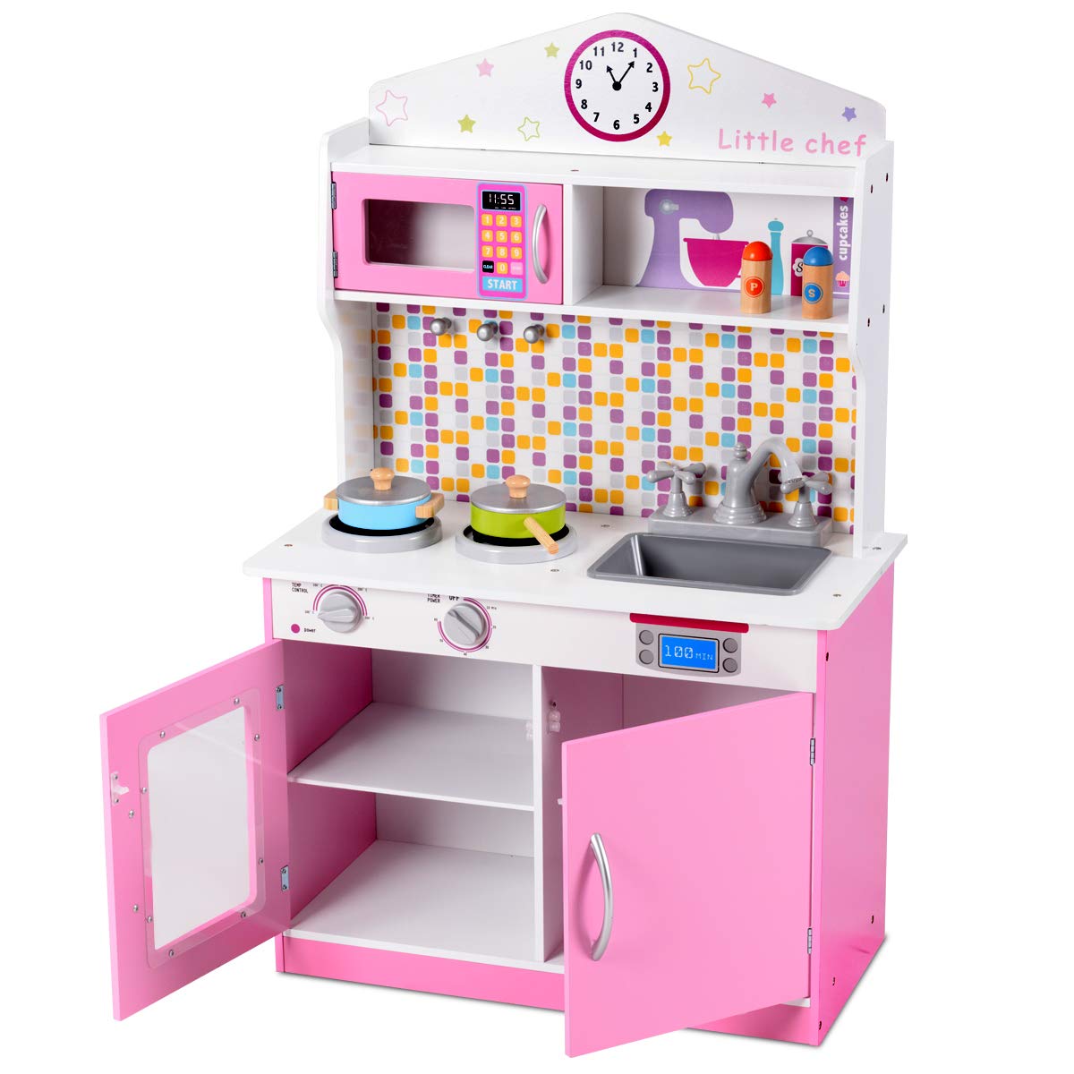 MAT EXPERT Kids Wooden Chef Pretend Play Kitchen Set with Removable Sink, Cookware, Microwave & Storage - Educational Toy for Boys & Girls Ages 3+ - Perfect for Pretend Cooking, Role Play & Early Learning at Home or Preschool