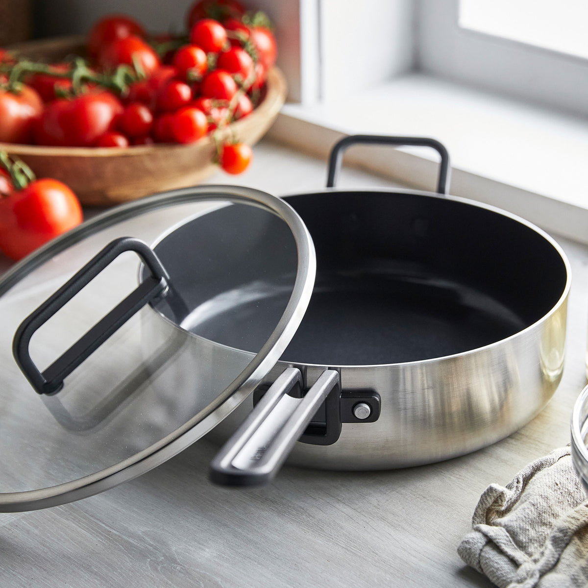 Stanley Tucci™ 4 Quart Stainless Steel Ceramic Nonstick Sauté Pan with Lid - Perfect for Sautéing, Frying & Simmering Family Meals