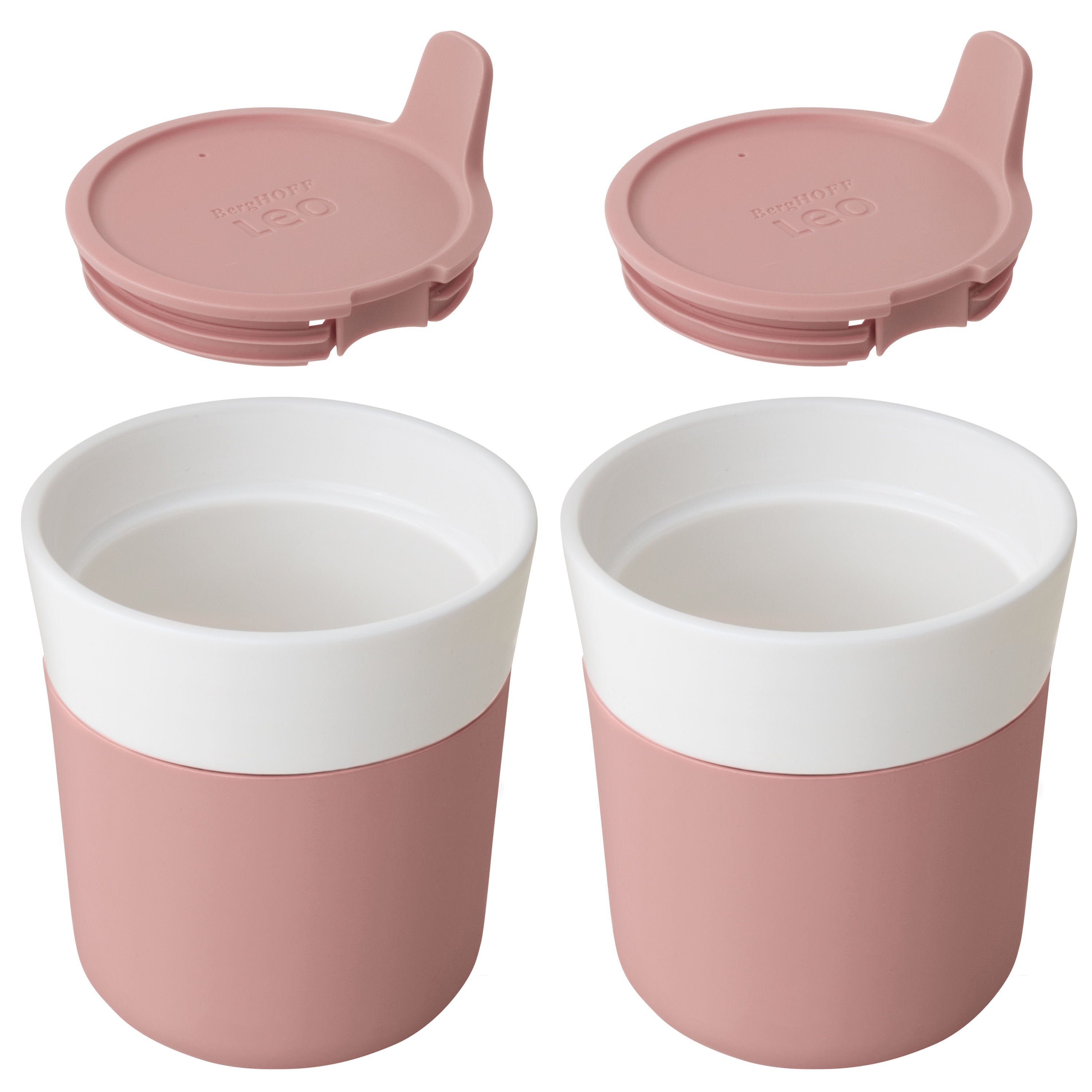 BergHOFF Leo 8.4oz Porcelain Travel Mug with Lid - Insulated Coffee Tea Cup, Pink Set of 2 - Perfect for Office, Commuting & Outdoor Activities