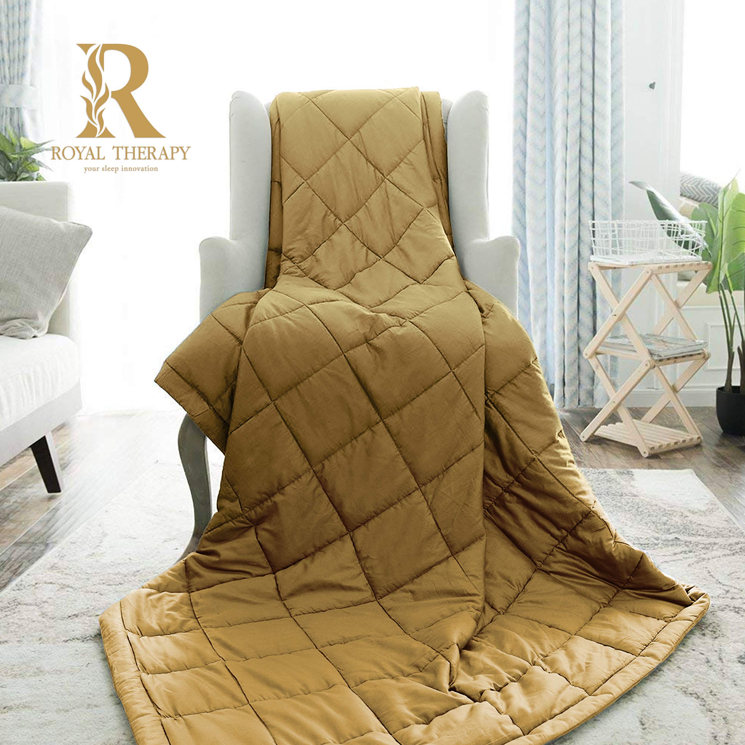 Royal Therapy Weighted Blanket - 20lbs Heavy 100% Cotton Blanket with Premium Glass Beads (48''x78'', Satin Gold) for Adults & Teens - Perfect for Twin/Queen Bed, Anxiety Relief, Stress Reduction & Better Sleep
