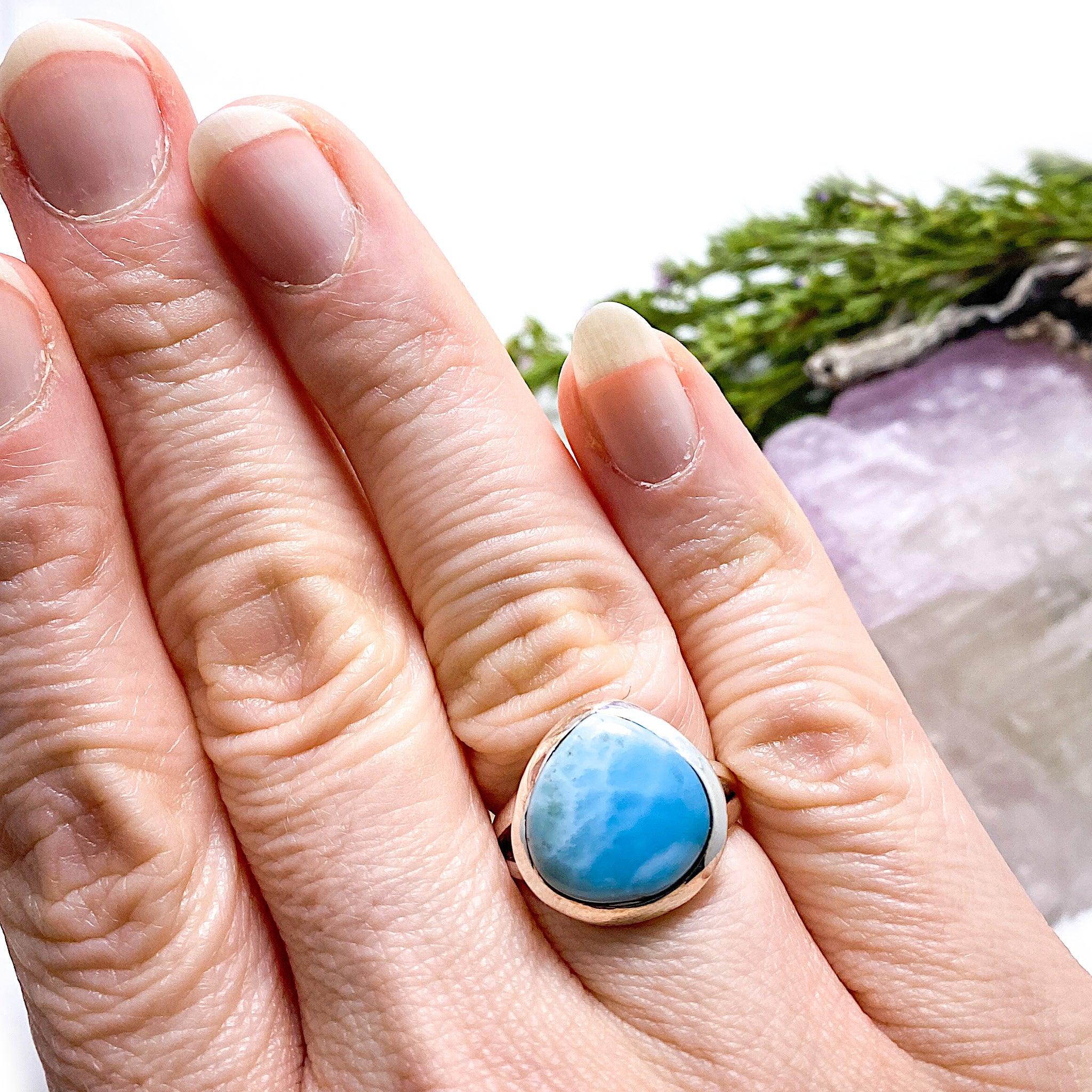 Larimar Teardrop Ring - Size 8 - KRGJ1363 - Handmade Sterling Silver Jewelry for Women - Perfect for Beach Weddings & Boho Fashion