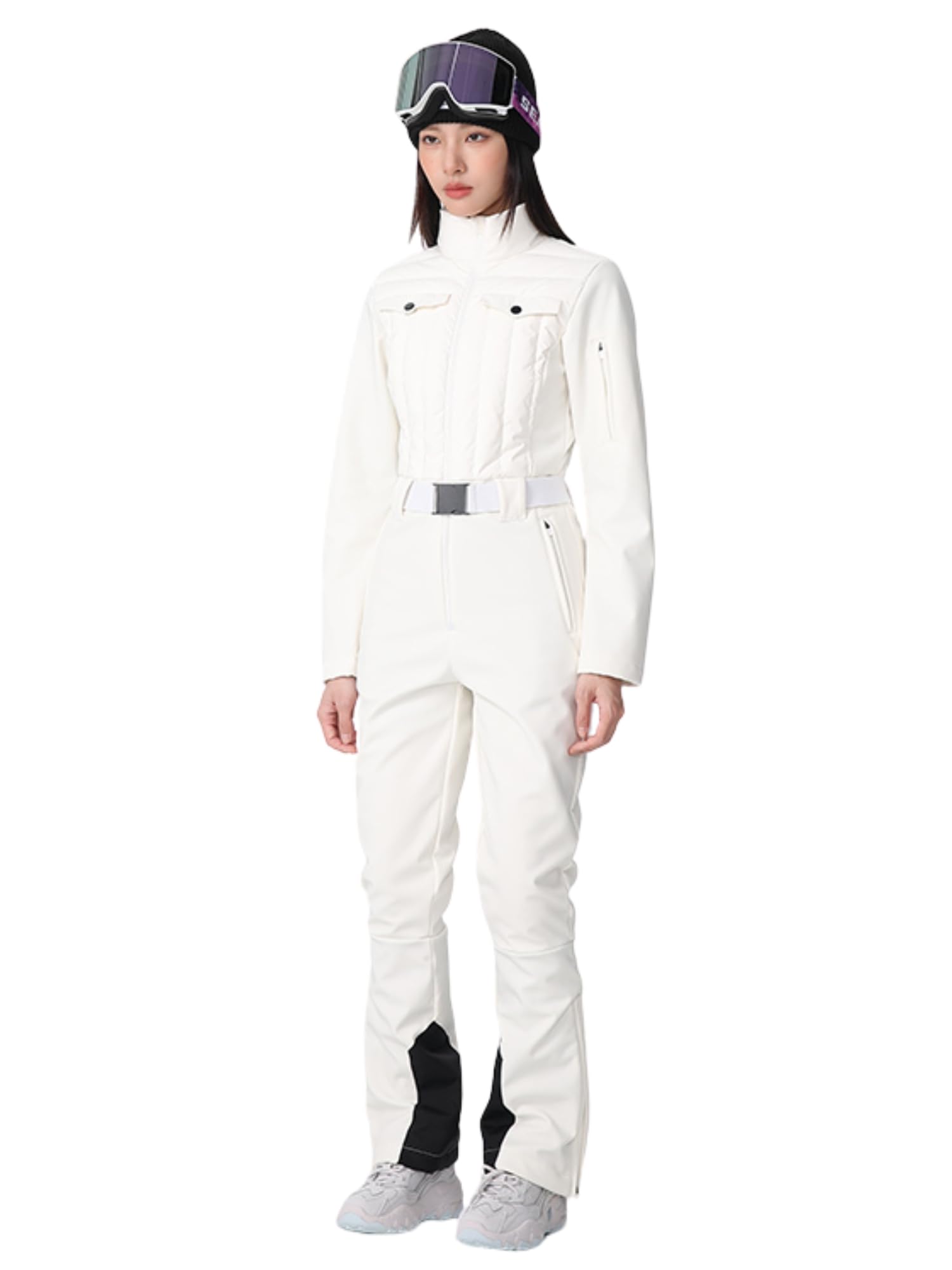 Women's Insulated Down Slim Snowboard Jumpsuit - Waterproof Winter Ski Suit with Stand Collar & Elastic Belt | Warm One-Piece Snowsuit for Skiing, Snowboarding & Cold Weather Outdoor Activities