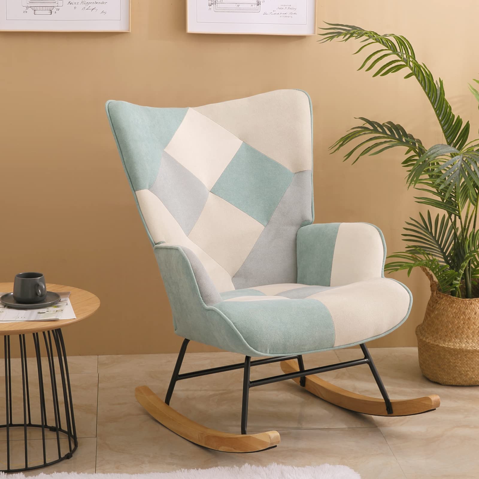 HomVent Upholstered Rocking Chair - Mid Century Modern Fabric Rocker with Tall Back & Wood Base | Comfortable Nursery Chair & Accent Armchair for Adults & Kids | Perfect for Living Room, Bedroom, Nursery & Relaxation Spaces
