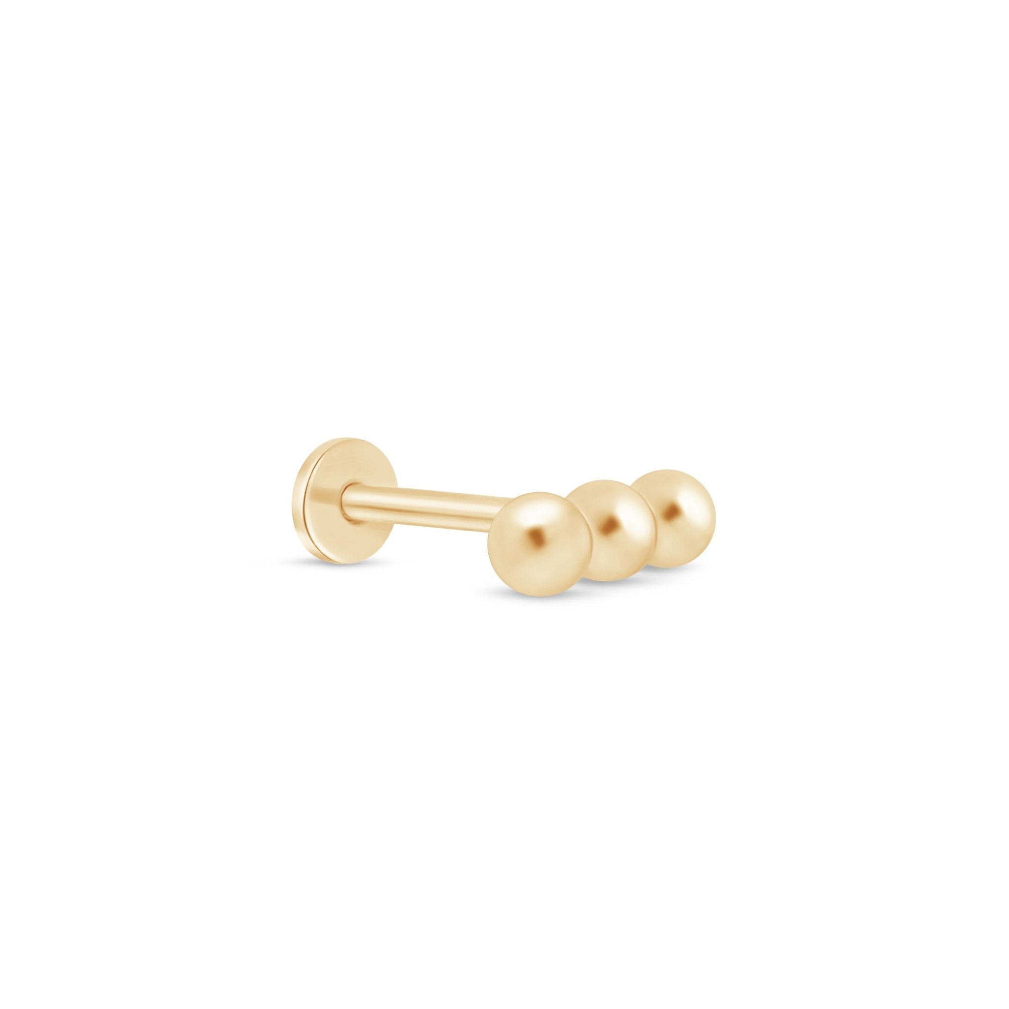 14K Solid Yellow Gold Three Bead Bar Flat Back Stud Earrings - Perfect for Everyday Wear, Gifts & Special Occasions