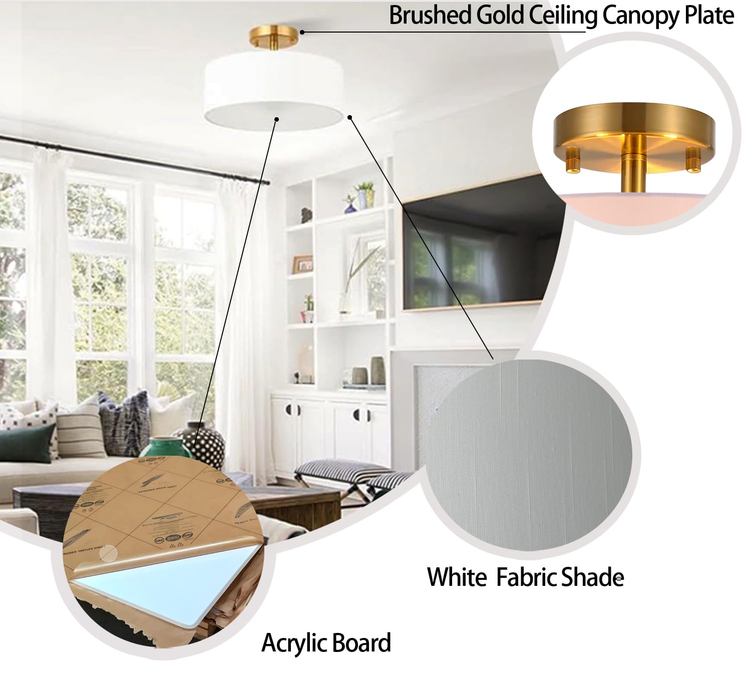 15 Inch Drum Ceiling Light Fixture - White Fabric Shade & Gold Finish - Semi-Flush Mount Lighting for Bedroom, Dining Room, Living Room, Hallway - Modern Home Decor & Ambient Lighting Solution