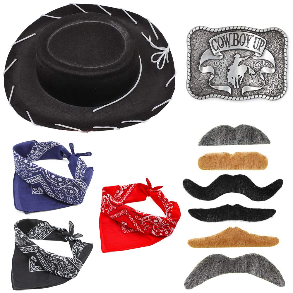 Ewaycom Western Cowboy Hat for Men & Women – Felt Cowboy Hat with Bandanna & Belt Buckle – Halloween Costume Accessory | Perfect for Cosplay, Rodeo, Country Music Festivals & Western-Themed Parties