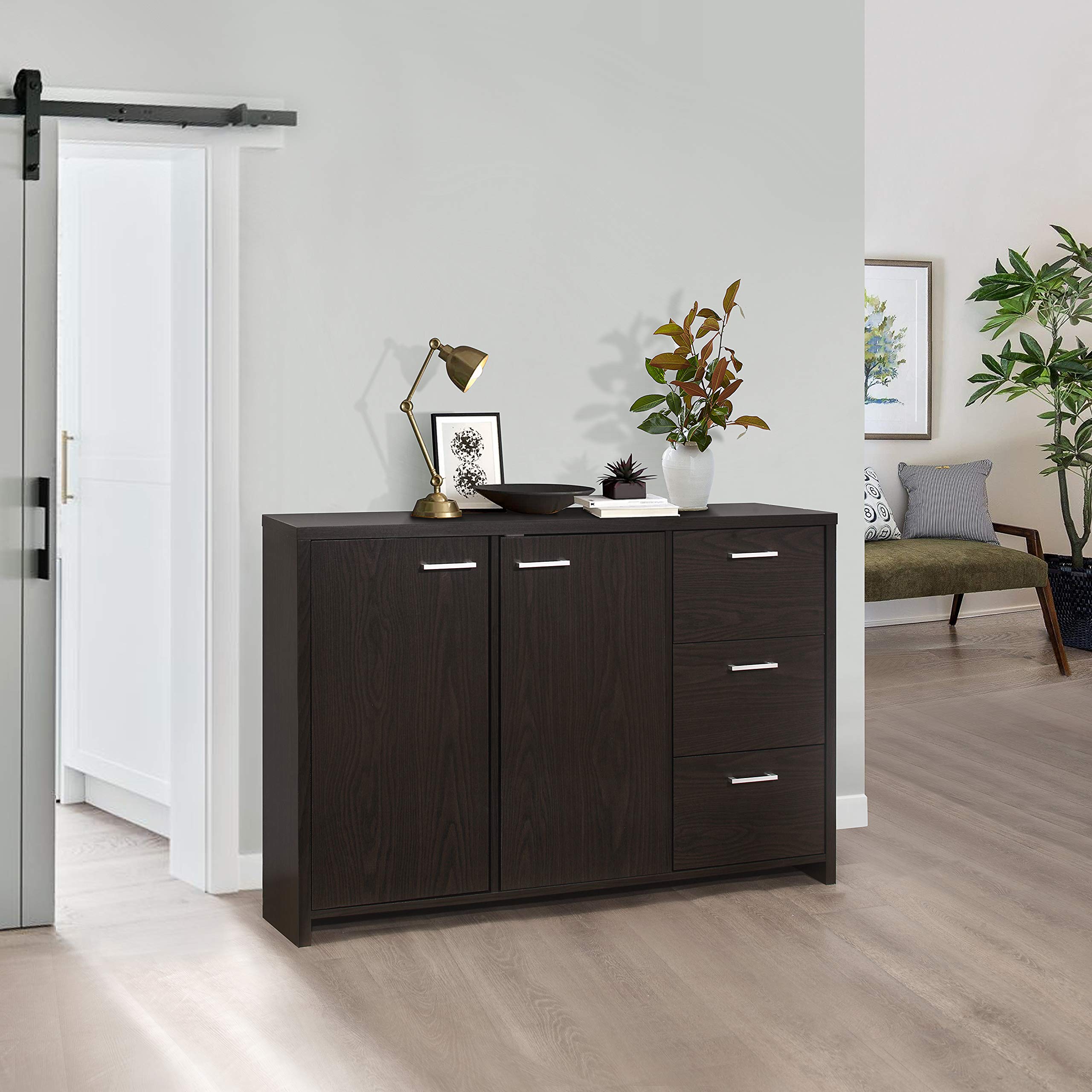 Kings Brand Solid Oak Sideboard Buffet Cabinet - Kitchen Dining Room Storage with Chocolate Finish | Entryway Buffet for Home Decor & Organization