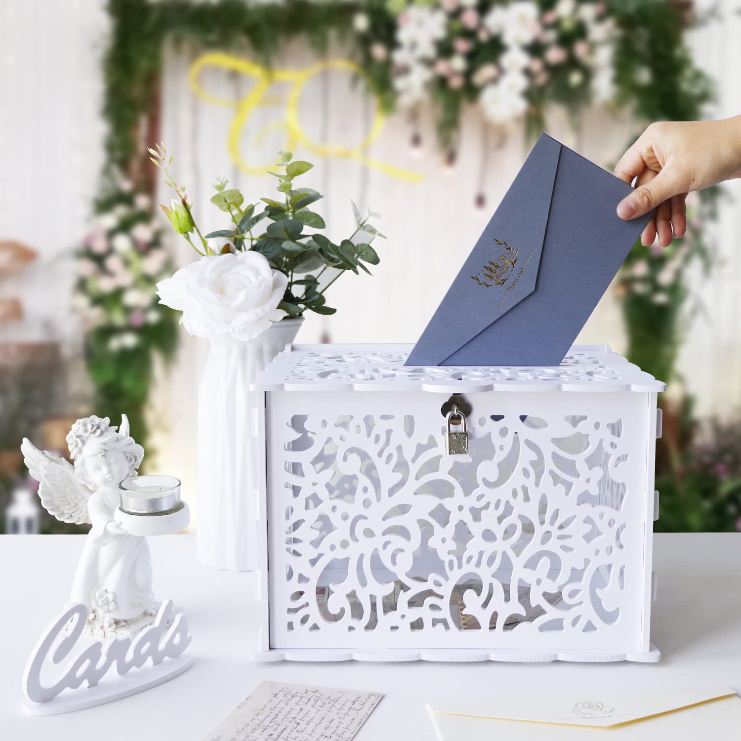 White PVC Gift Card Box with Lock - Secure DIY Wedding Money Holder for Reception, Graduation, Birthday & Baby Shower Decorations | Perfect for Cash Gifts, Cards & Party Favors