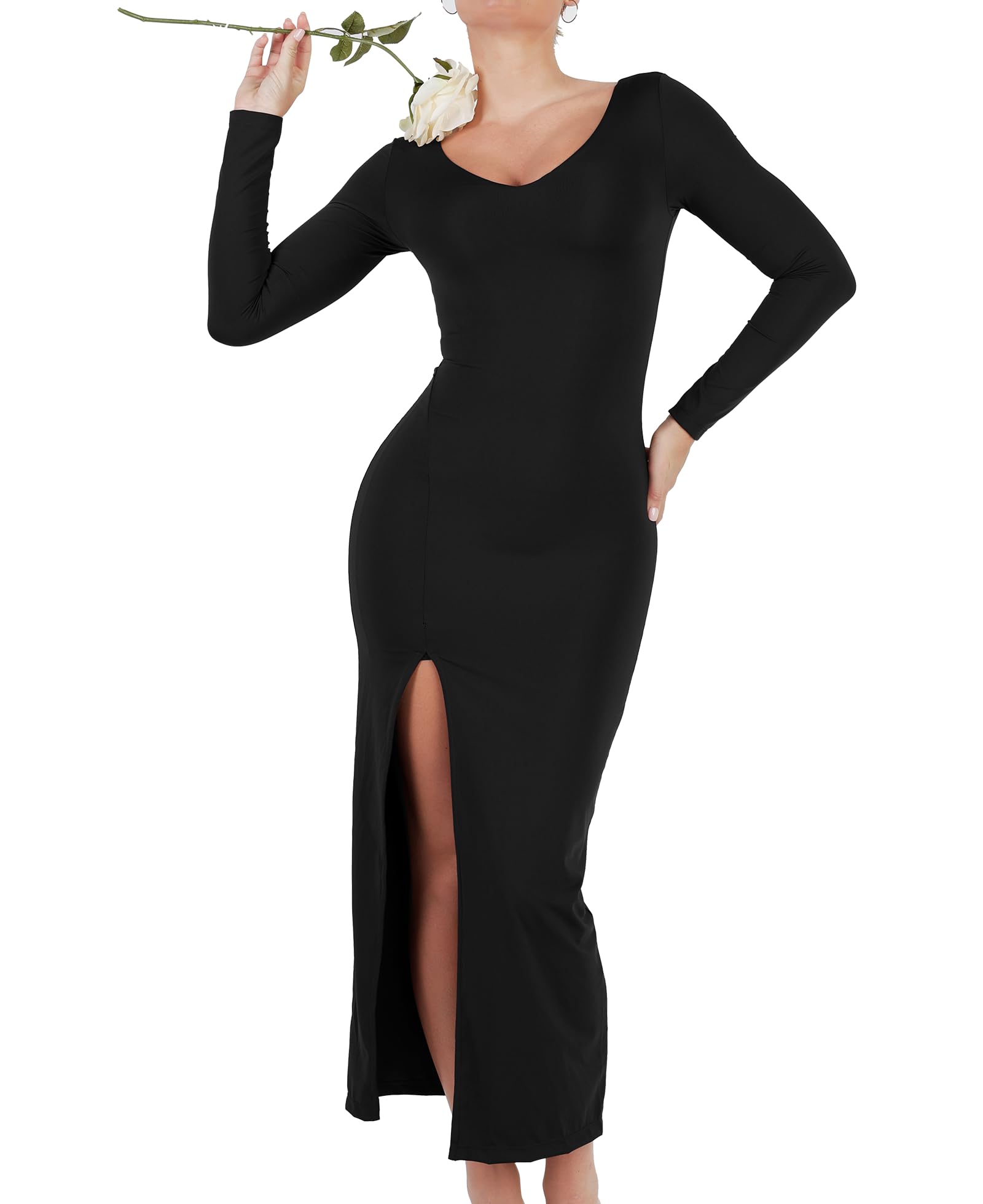 Popilush Women's Shapewear Maxi Dress - Long Sleeve V-Neck Bodycon Formal Dress with Slit | Perfect for Wedding Guest, Fall Events & Special Occasions