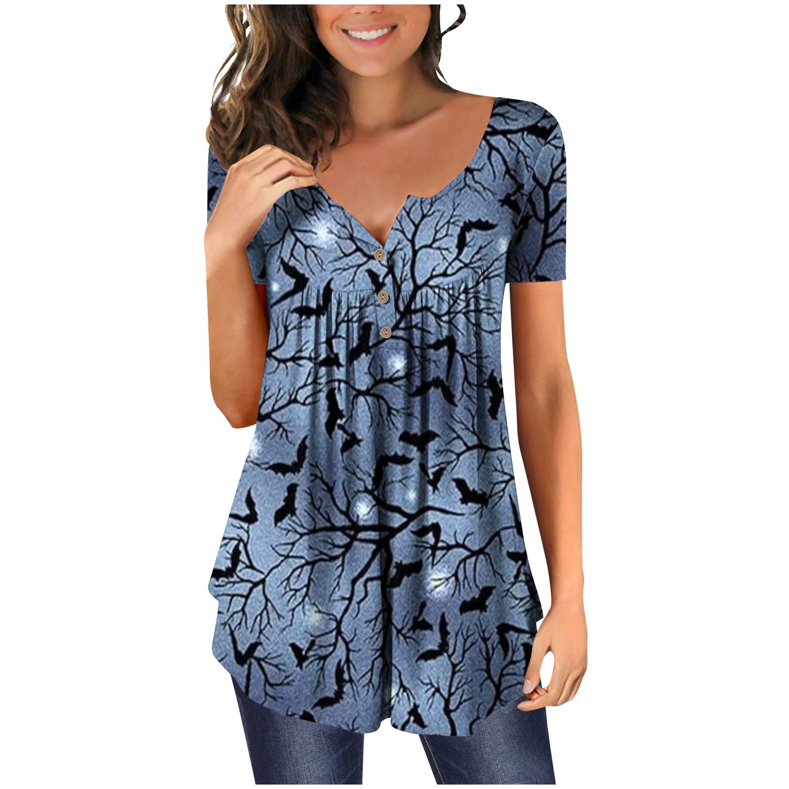 Women's Halloween Graphic Tees - Short Sleeve Printed Tops & Casual Blouses for Beach, Party, and Everyday Wear | Loose Fit Ladies Shirts