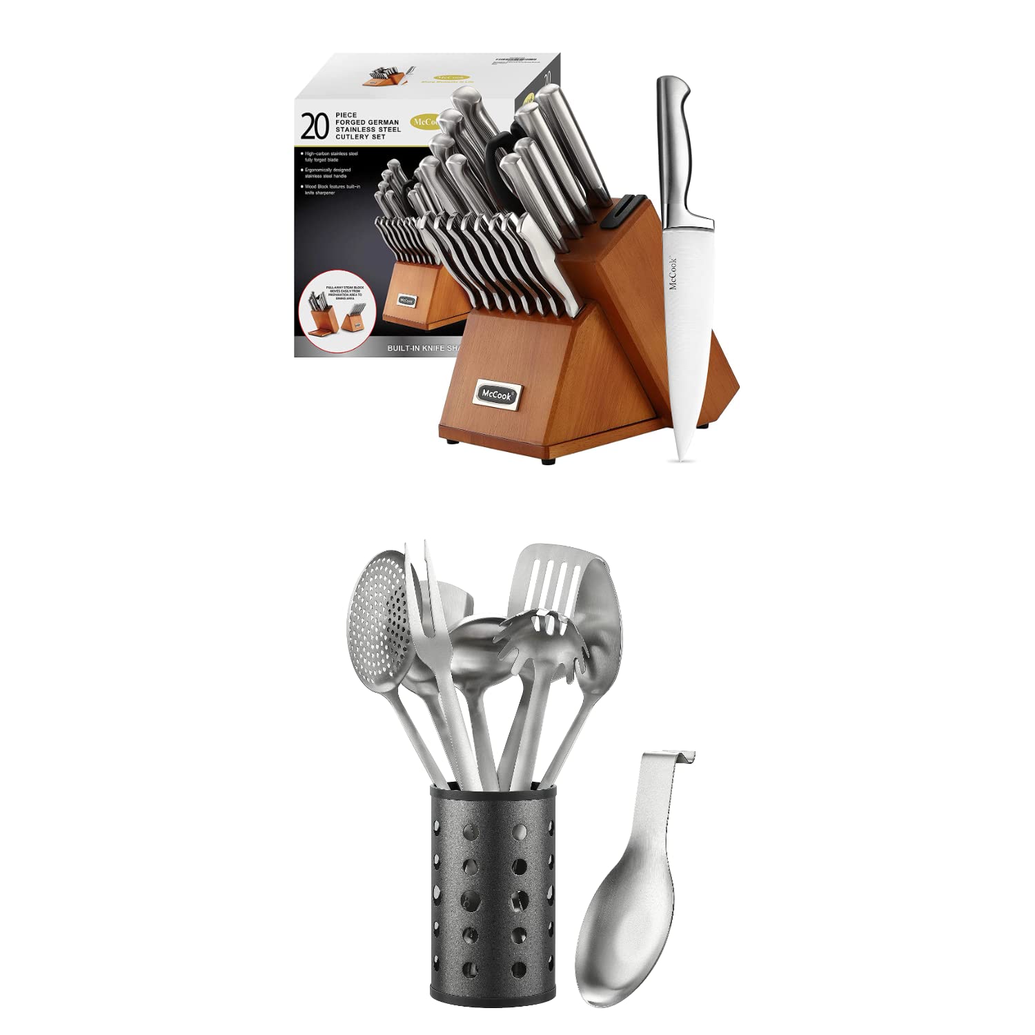 20-Piece German Knife Block Set with Built-in Sharpener & Stainless Steel Cooking Utensils Set - Premium Kitchen Cutlery for Chefs, Home Cooking & Gift Giving
