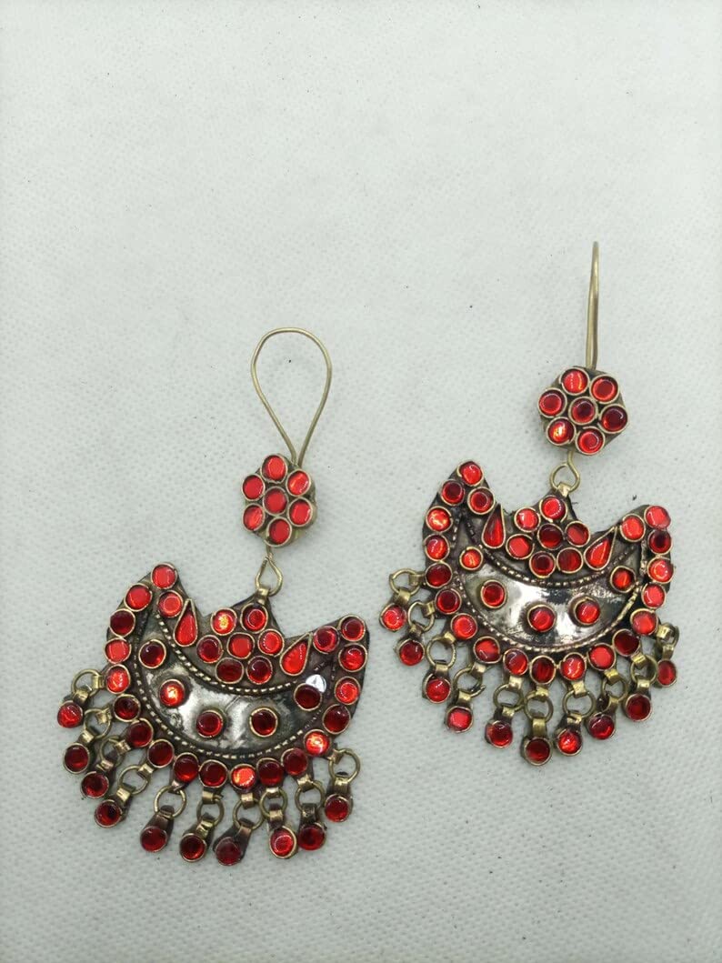 Handmade Kuchi Afghan Tribal Dangle Earrings for Women - Glass Stone Beaded Statement Jewelry | Traditional Indian & Gypsy Style Accessories | Perfect for Festivals, Weddings & Boho Fashion
