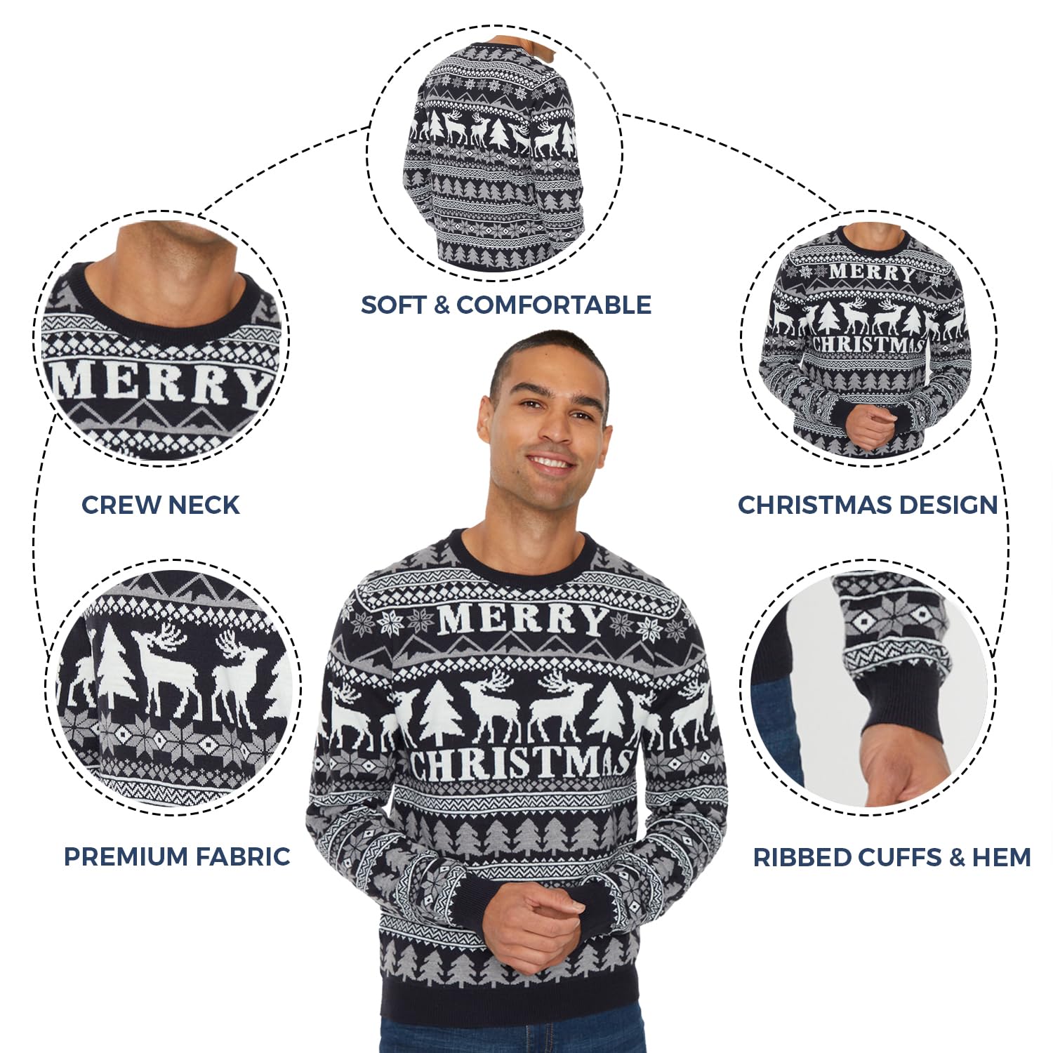 NOROZE Men's Christmas Sweater - Reindeer & Stag Nordic Polar Bear Holiday Knitwear, Festive Unisex Xmas Jumper for Parties & Family Gatherings