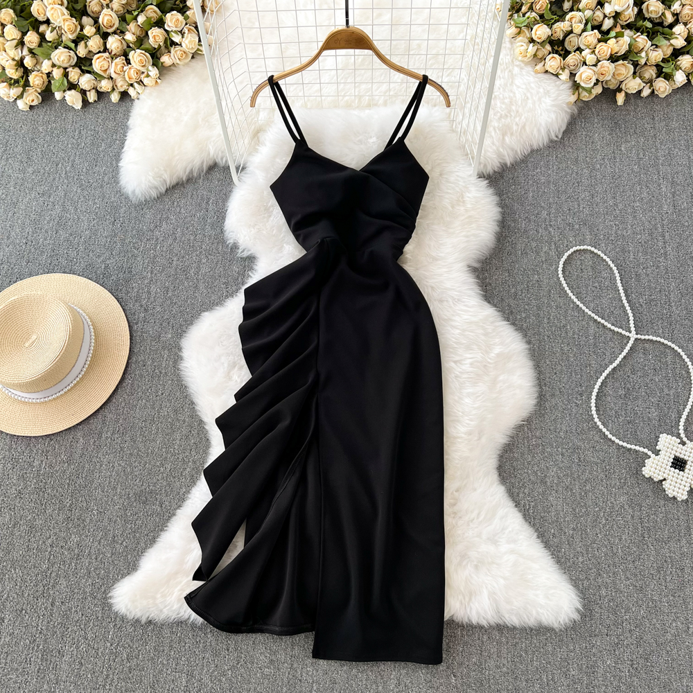 Elegant French-Inspired Thin Strap Long Skirt with Retro Ruffles & High Slit - Vintage Flowy Midi Dress for Women | Perfect for Date Nights, Summer Parties & Boho Chic Outfits
