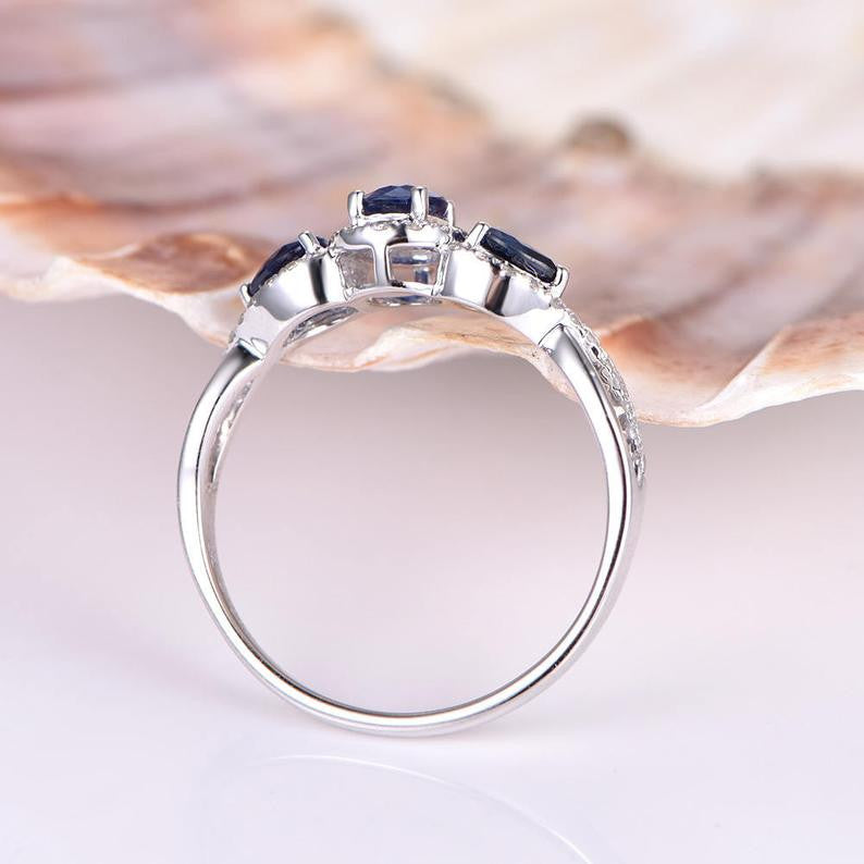 Blue Sapphire Engagement Ring for Men – 4x5mm Oval & 3x4mm Pear Cut Lab-Grown Sapphire with Diamonds in 14K White Gold – Perfect for Proposals, Weddings & Anniversary Gifts