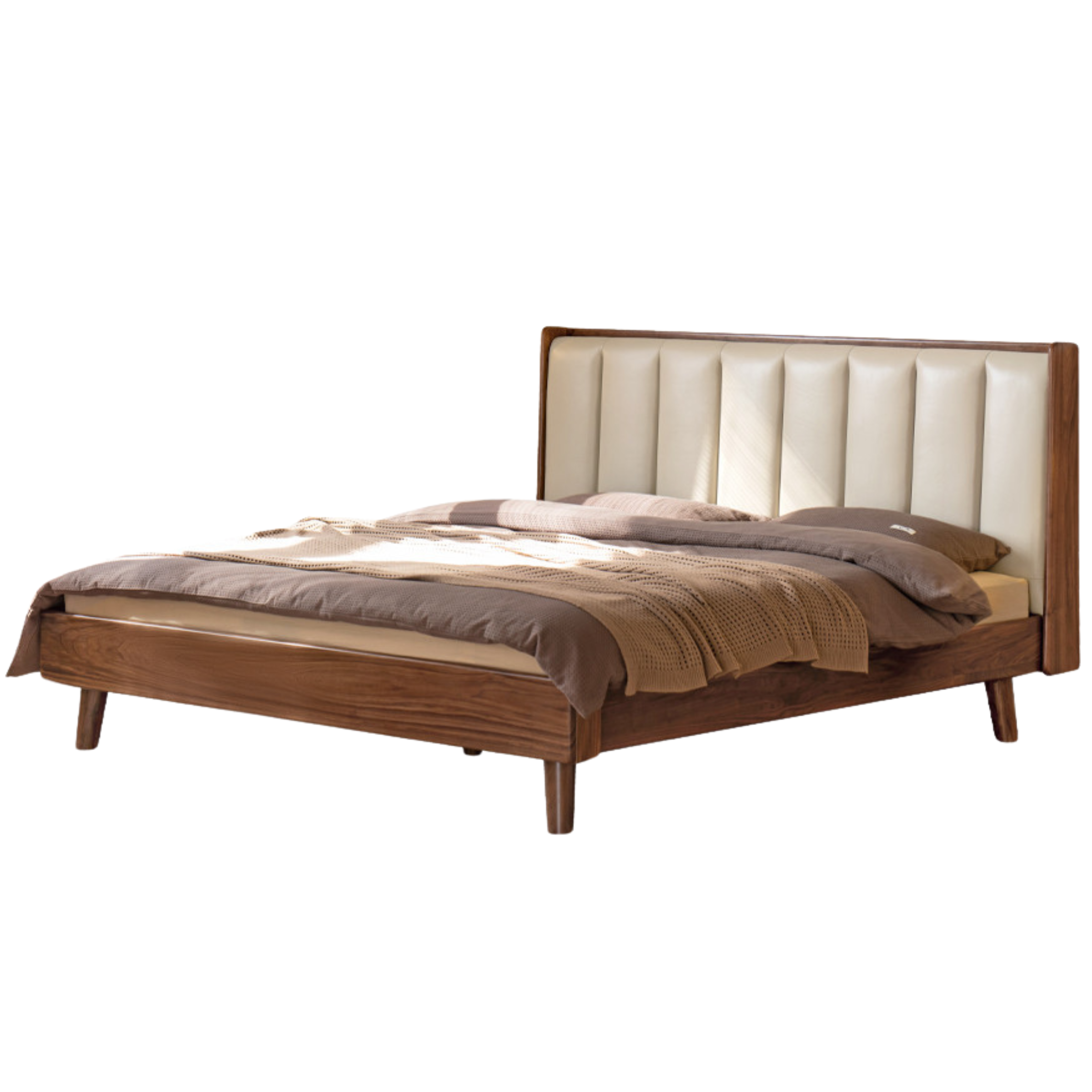Premium Black Walnut Solid Wood Leather Upholstered Bed Frame with High Soft Back - Modern Bedroom Furniture for Master Suite, Guest Room & Luxury Apartments