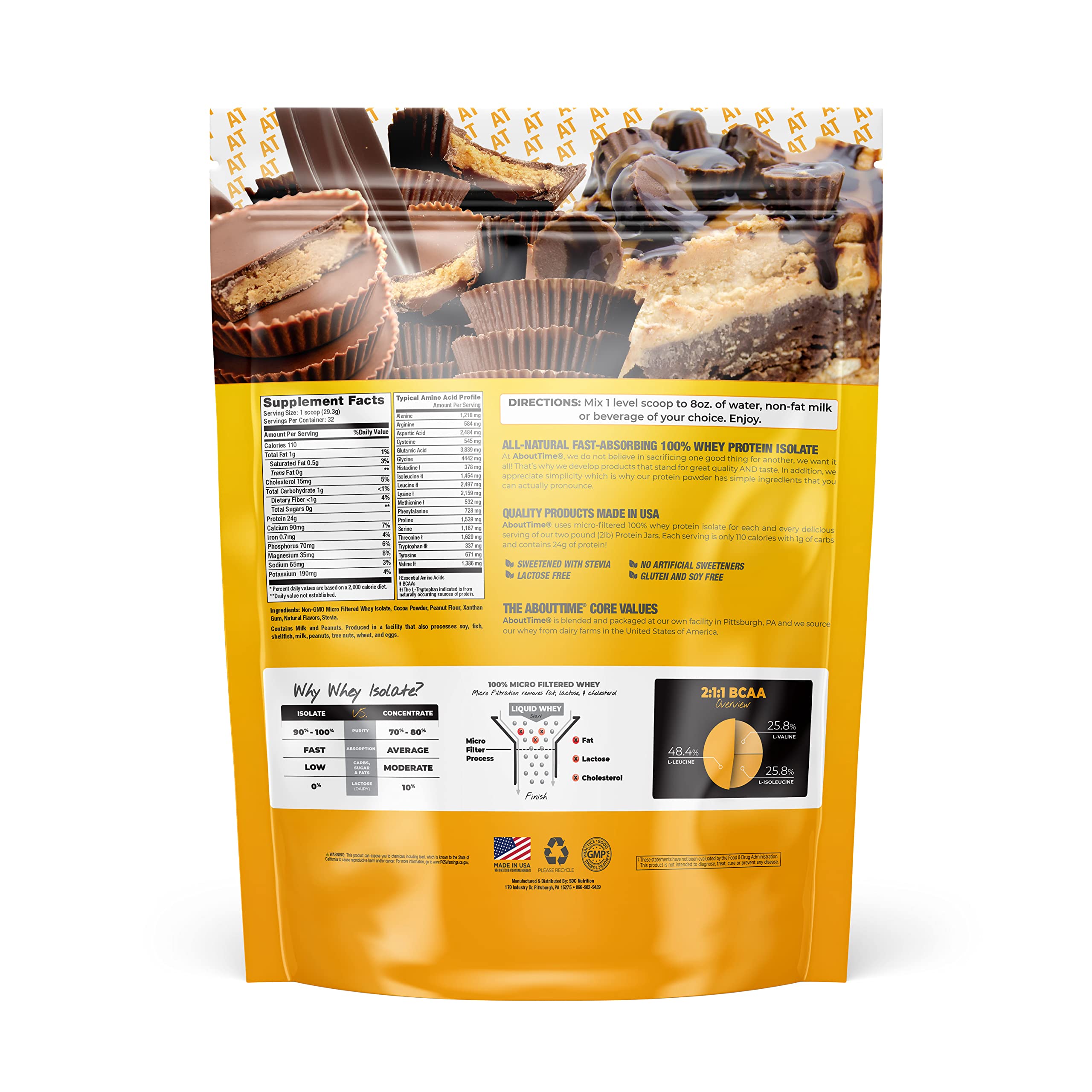 About Time Whey Protein Isolate Chocolate Peanut Butter 2lb - 25g Protein per Serving, Non-GMO, 0g Fat & Sugar, No Artificial Sweeteners, 32 Servings for Muscle Recovery & Post-Workout Nutrition
