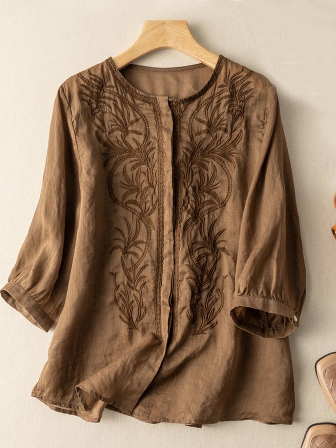 Lovevop Vintage Cotton Embroidered Blouse - Women's Retro Round Neck Casual Shirt for Boho, Spring & Summer Outfits