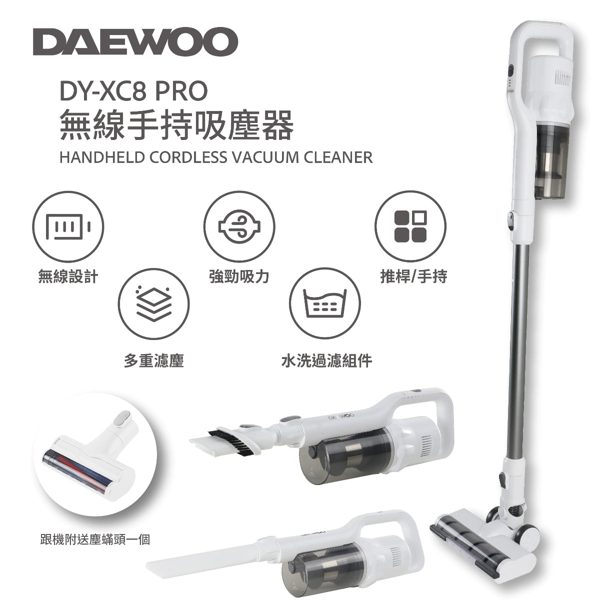 DAEWOO DY XC8 Pro Cordless Handheld Vacuum Cleaner - Powerful Suction for Pet Hair, Car Cleaning & Home Use