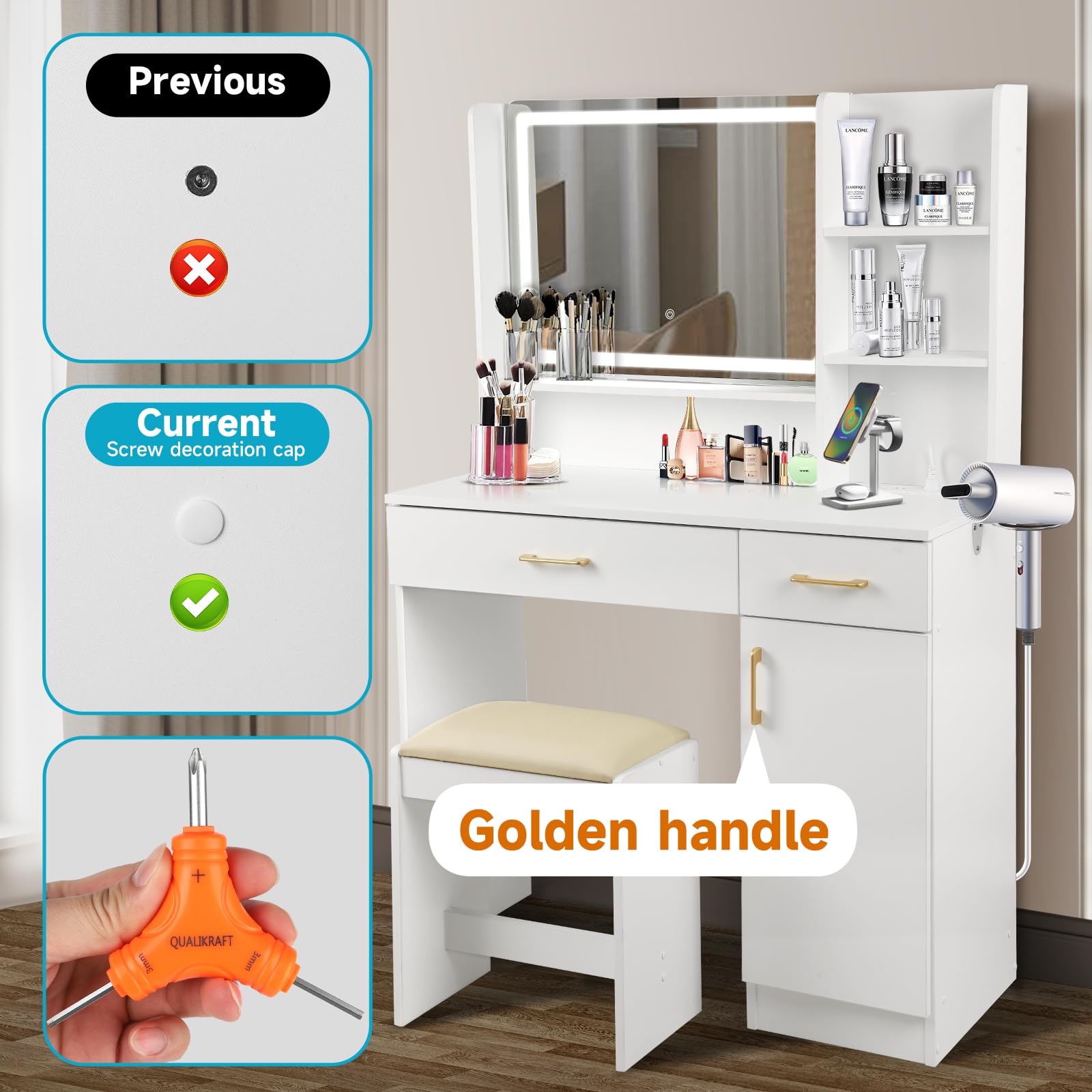 Elegant White Vanity Set with LED Lights, Mirror, Drawers & USB Charging Station - Includes Stool & Storage Organizer for Bedroom, Dressing Room or Makeup Studio