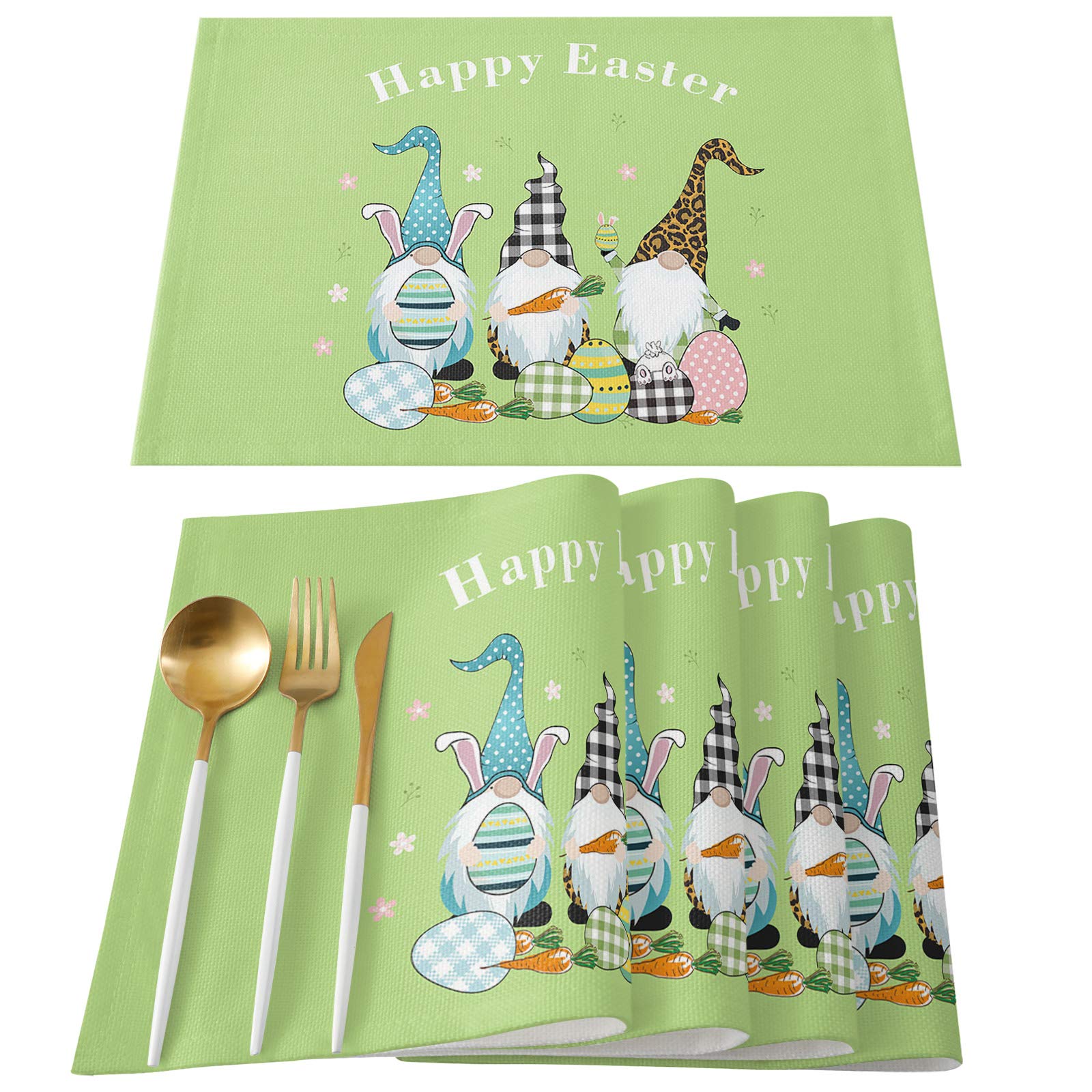 Easter Gnome Carrot Placemats Set of 6 - Washable Cotton Linen Table Mats with Non-Slip Heatproof Design for Kitchen & Dining | Green Elf-Themed Decor for Easter Brunch, Holiday Parties & Spring Table Settings