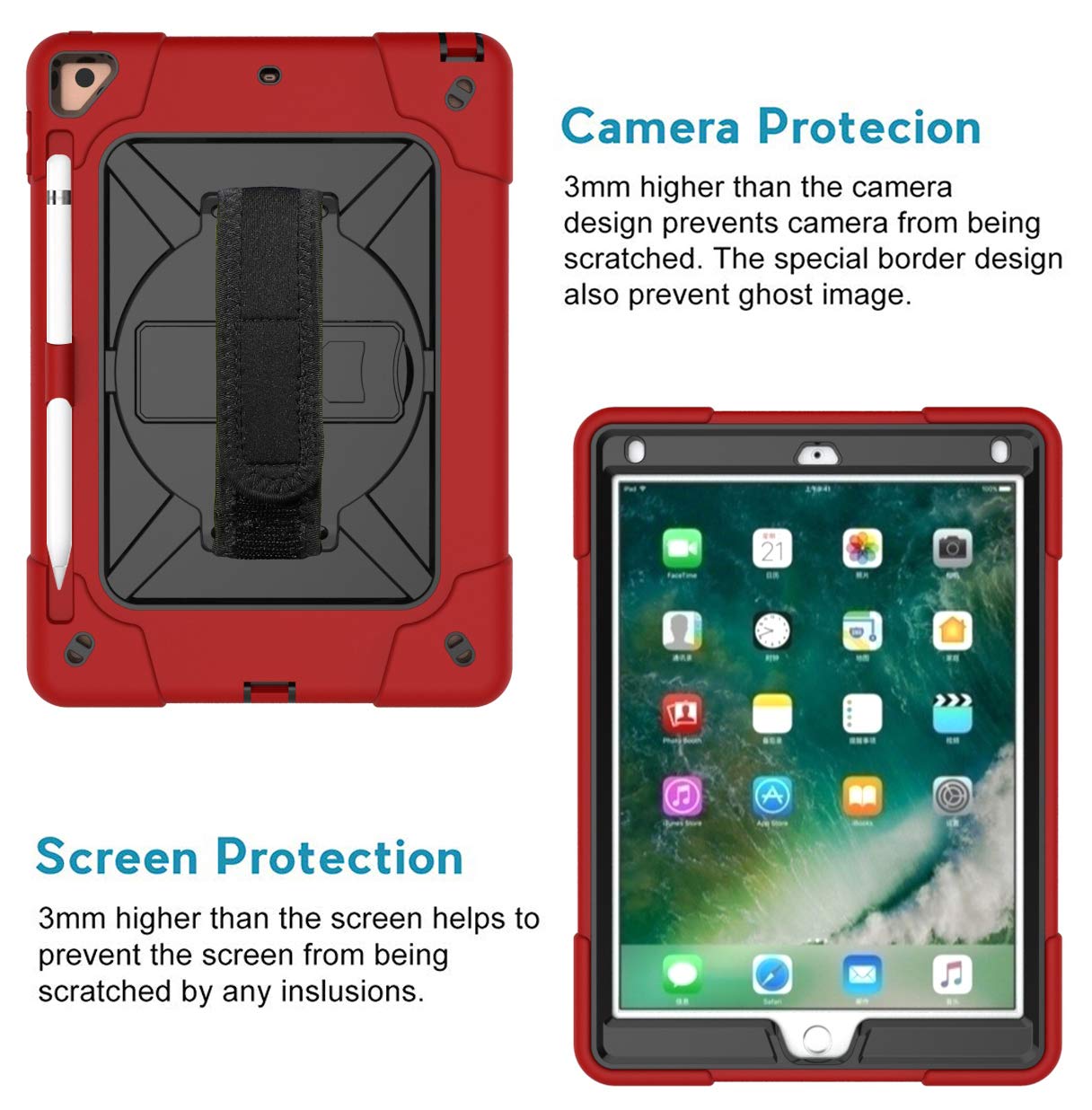 360° Rotating Shockproof iPad Case with Handle Stand & Pencil Holder - Compatible with iPad Air 2, iPad Pro 9.7 (2016), iPad 6th/5th Gen & New iPad 9.7 (2017/2018) - Red & Black - Perfect for Work, Travel & School Use