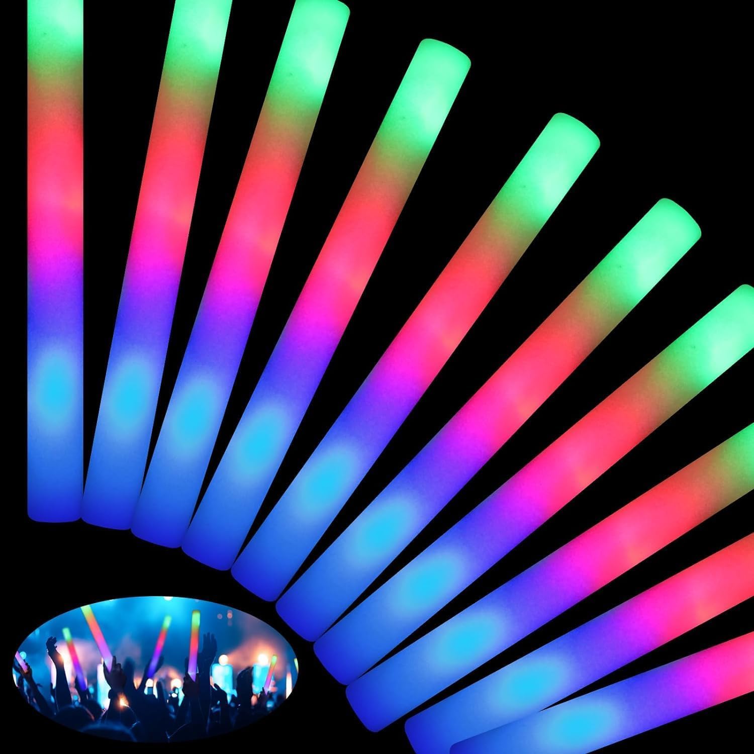 100 PCS Foam Glow Sticks Bulk - 3 Mode Colorful Flashing LED Light Sticks for Parties, Raves, Concerts | Glow in The Dark Party Supplies for Wedding, Birthday, Christmas, New Year Celebrations | Perfect for Night Events, Pool Parties, Halloween & Festivals