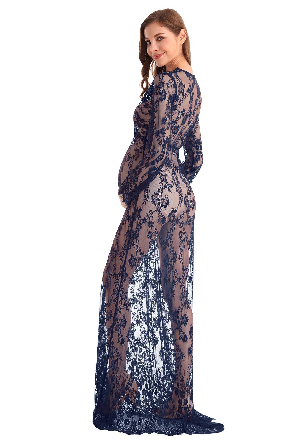 MYRISAM Women's Deep V-Neck Lace Maternity Dress - Elegant Long Sleeve Boudoir Gown for Wedding, Party & Milk Bath Photoshoot - Perfect for Maternity Photos, Bridal Showers & Romantic Occasions