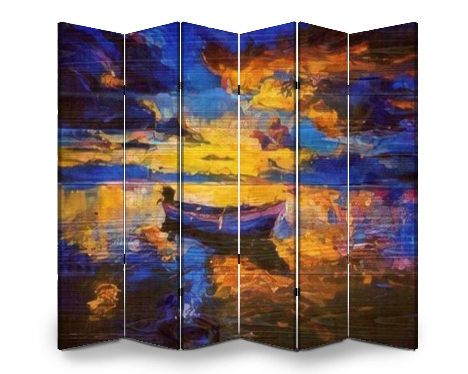 6-Panel Canvas Room Divider - Hand-Painted Oil Painting of Sunset Sky & Boat on Water - Folding Privacy Screen for Home Office, Bedroom, or Living Room - Freestanding Indoor Partition Wall Decor